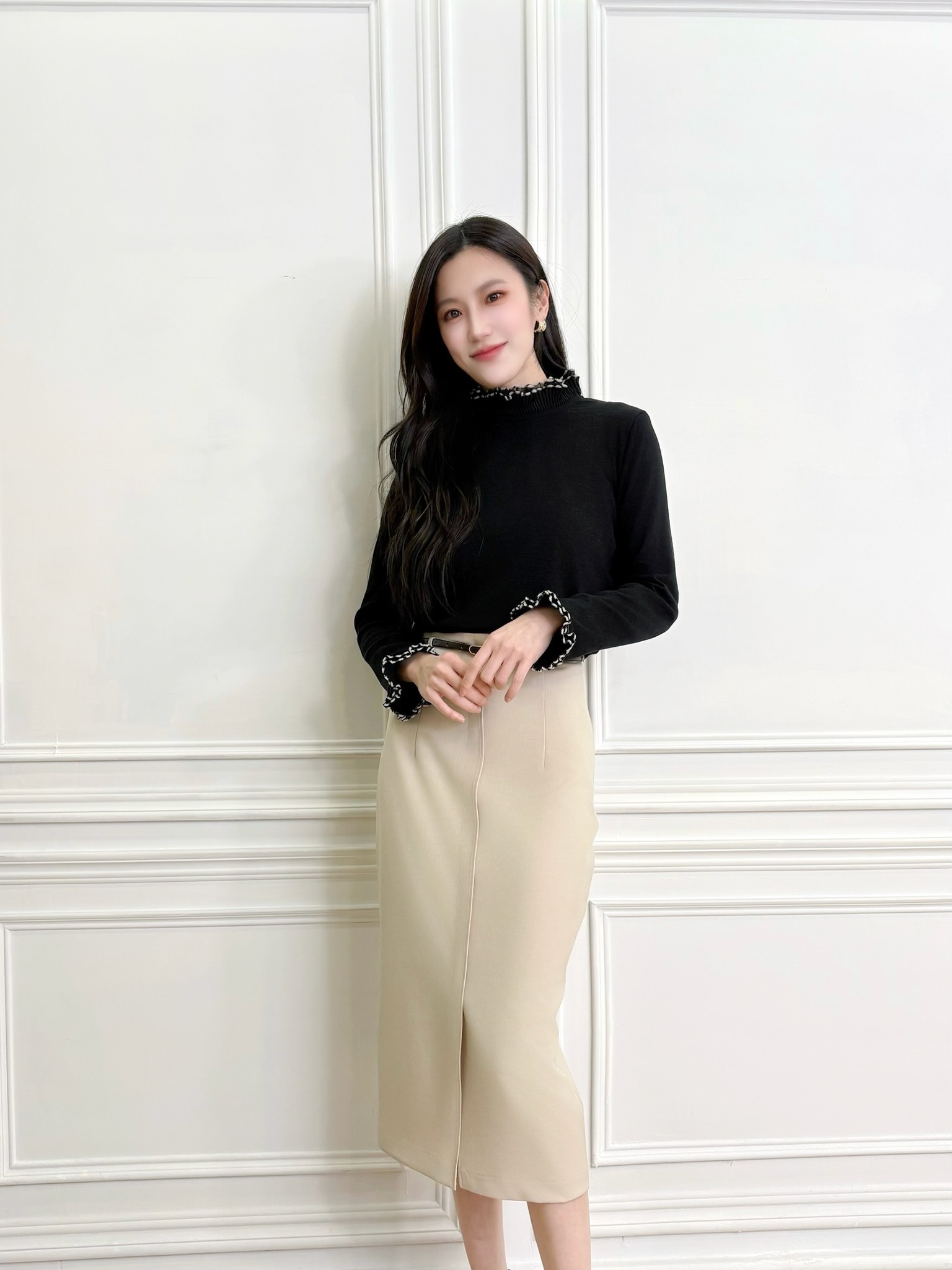 滾邊撞色立領針織上衣