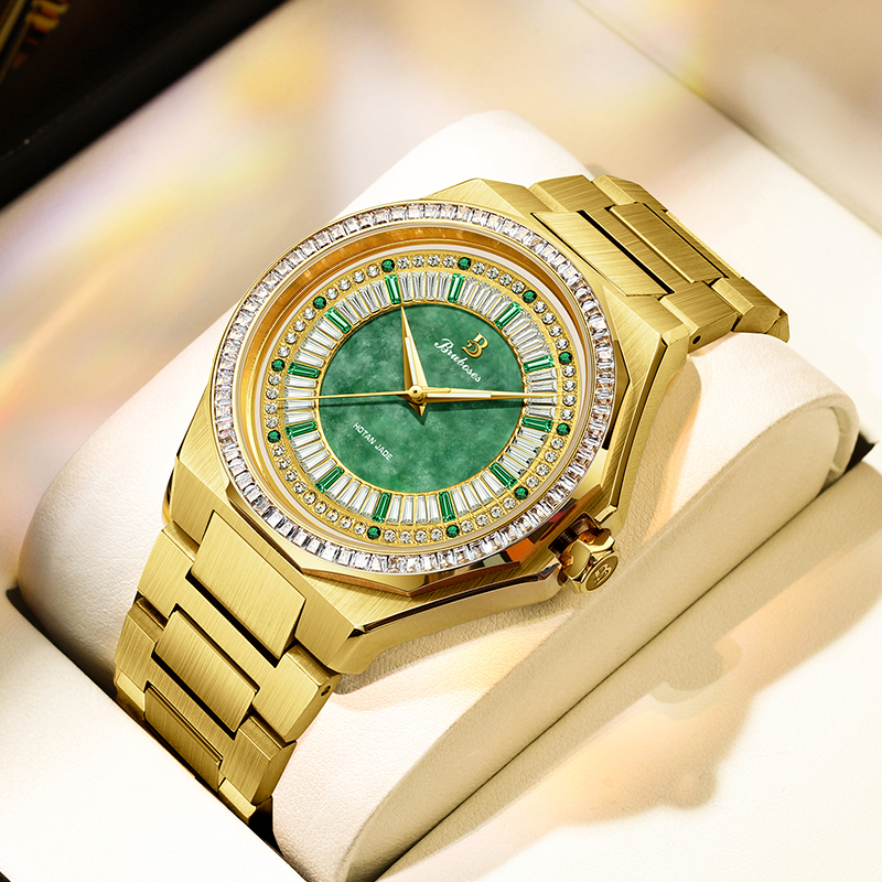 【Bruboses 巴伯思】 BS008 翡翠 真鑽 表面包金 晶鑽 鏤空 夜光指針 機械 手錶