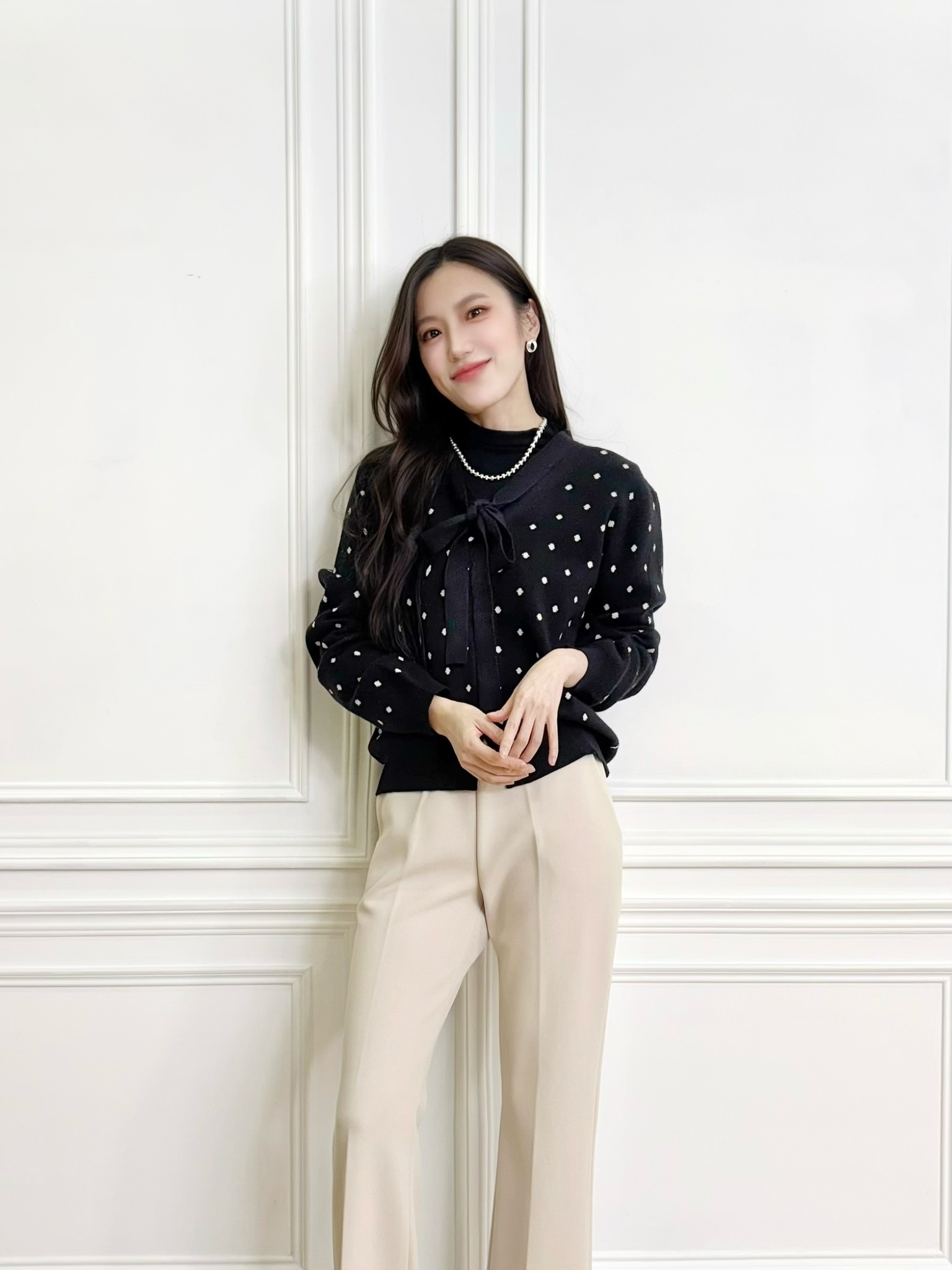 點點綁帶針織開襟衫