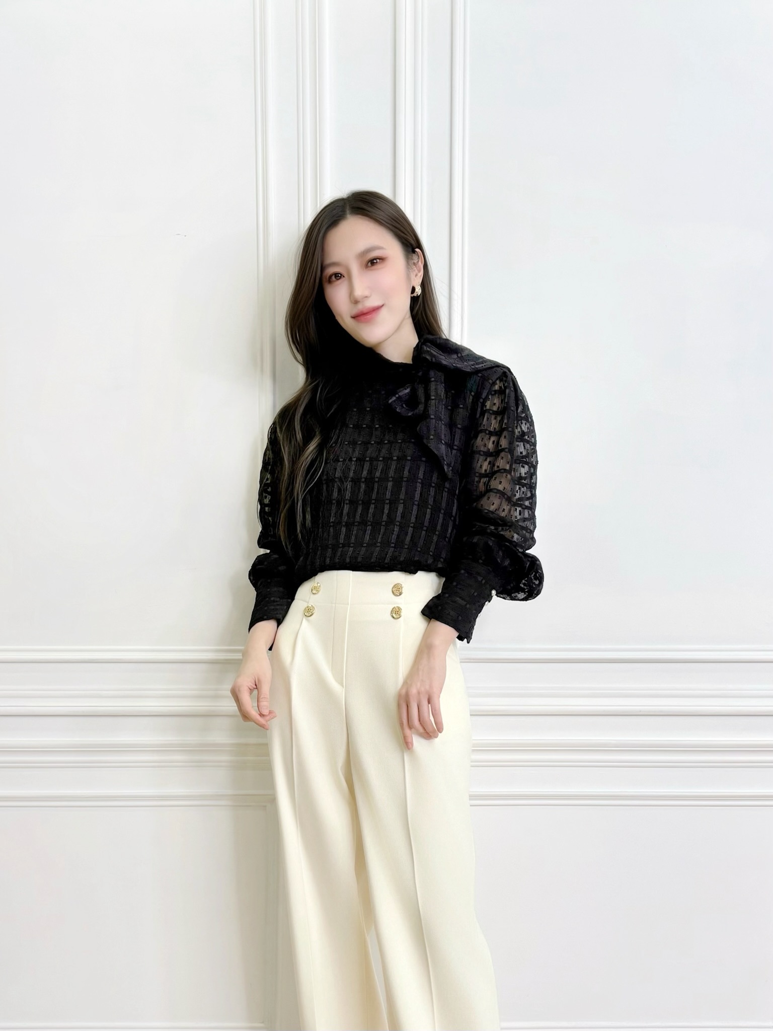 格紋點點透紗綁帶上衣