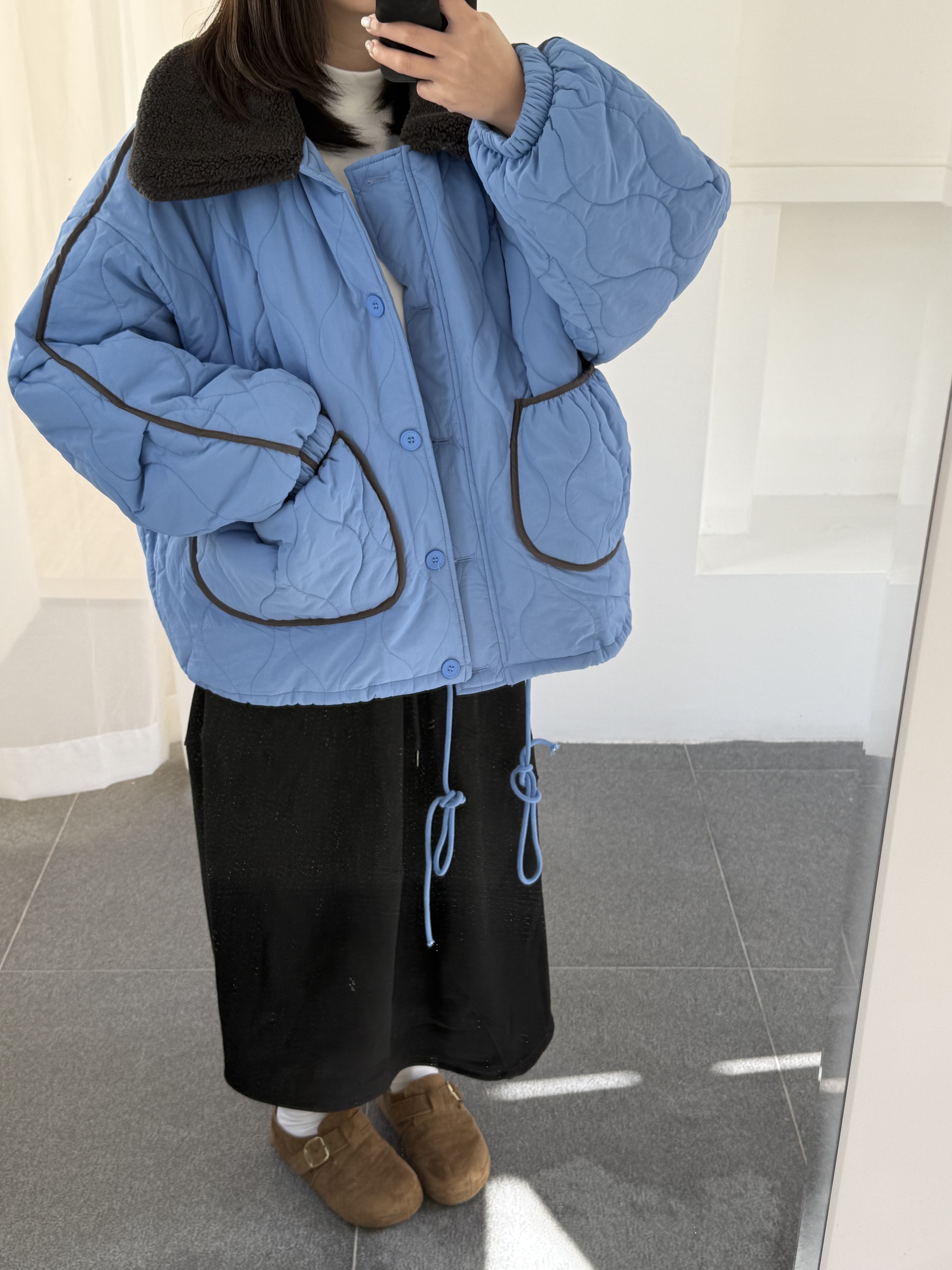 羊羔毛領撞色滾邊鋪棉外套