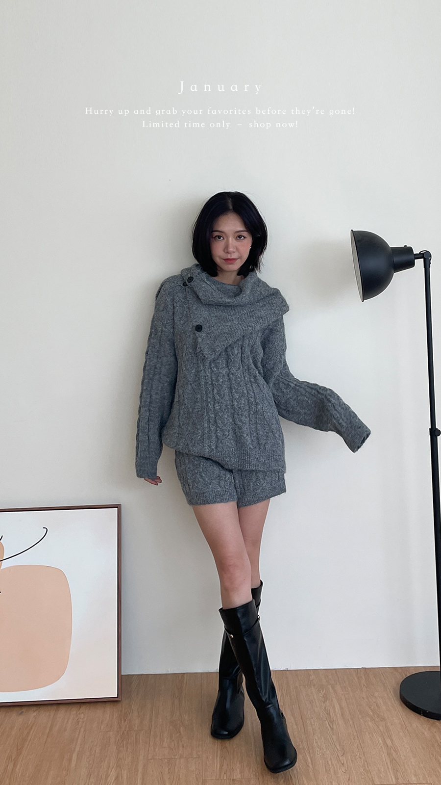 附脖圍麻花針織套裝