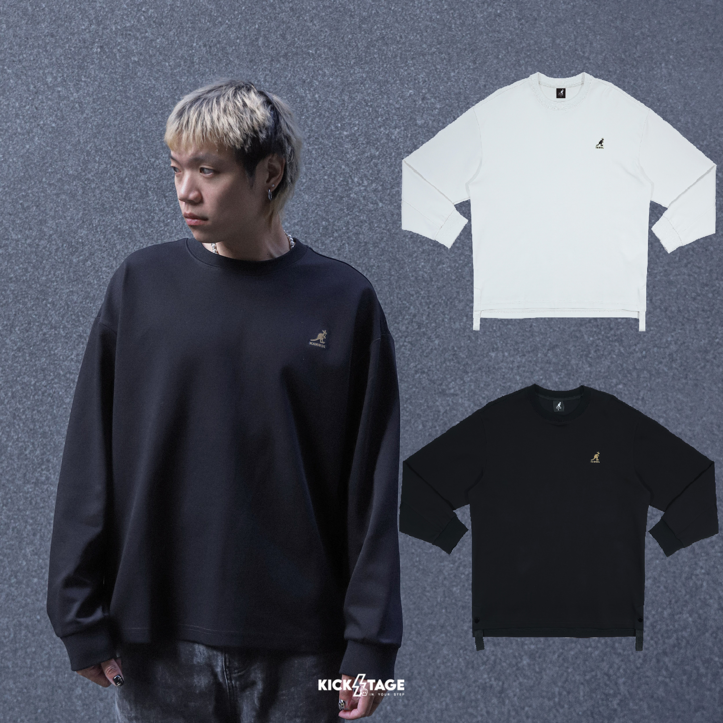 男女款 KANGOL TEE 灰色 黑色 英國 袋鼠 中性 側開岔 長T 大學T【65551001】