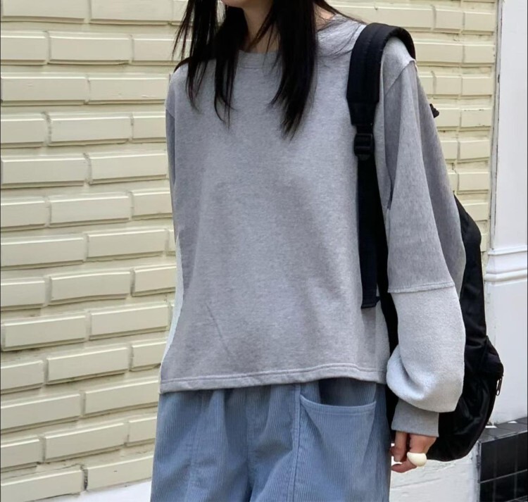 韓國 REVE 文青異材質拼接剪裁上衣 灰
