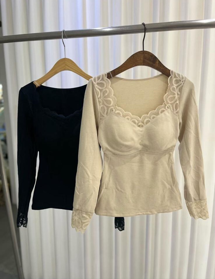 HH59 蕾絲領發熱長袖內衣 1cm pad 高鵬羊毛 吸濕排汗 SIZE:FREE (L) MADE IN KOREA