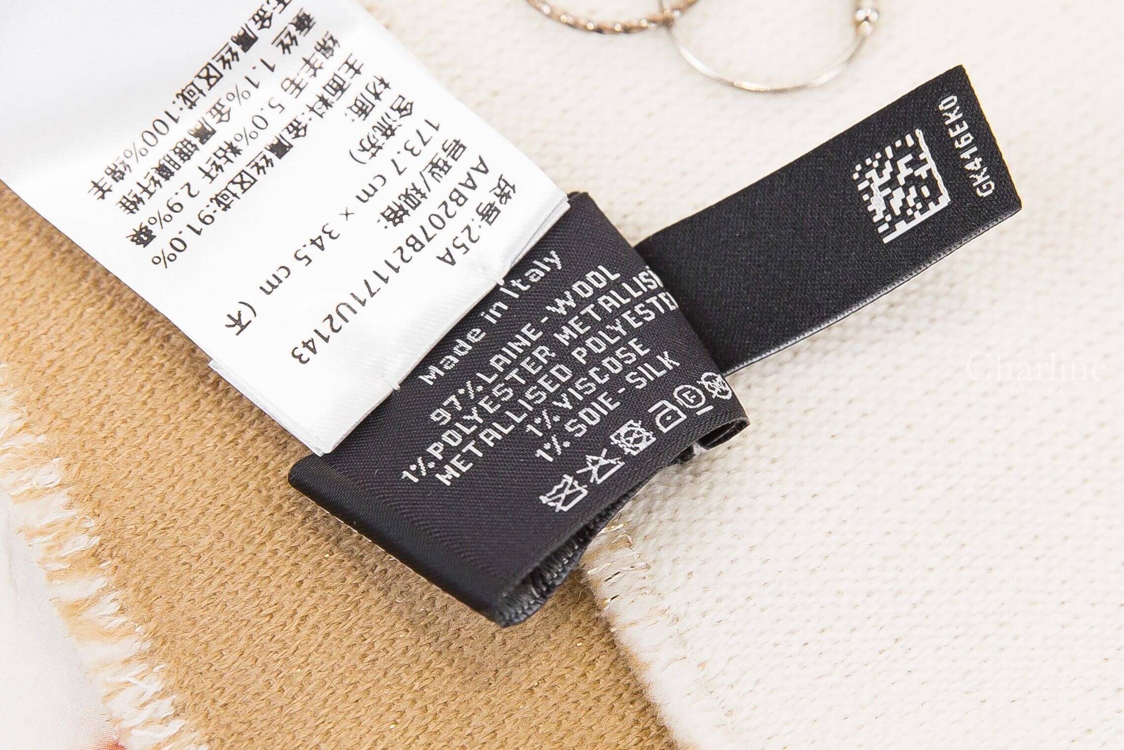 Chanel Scarf 奶茶色底白色金絲滾邊CC羊毛混真絲流蘇圍巾-Charline Boutique 精品代購