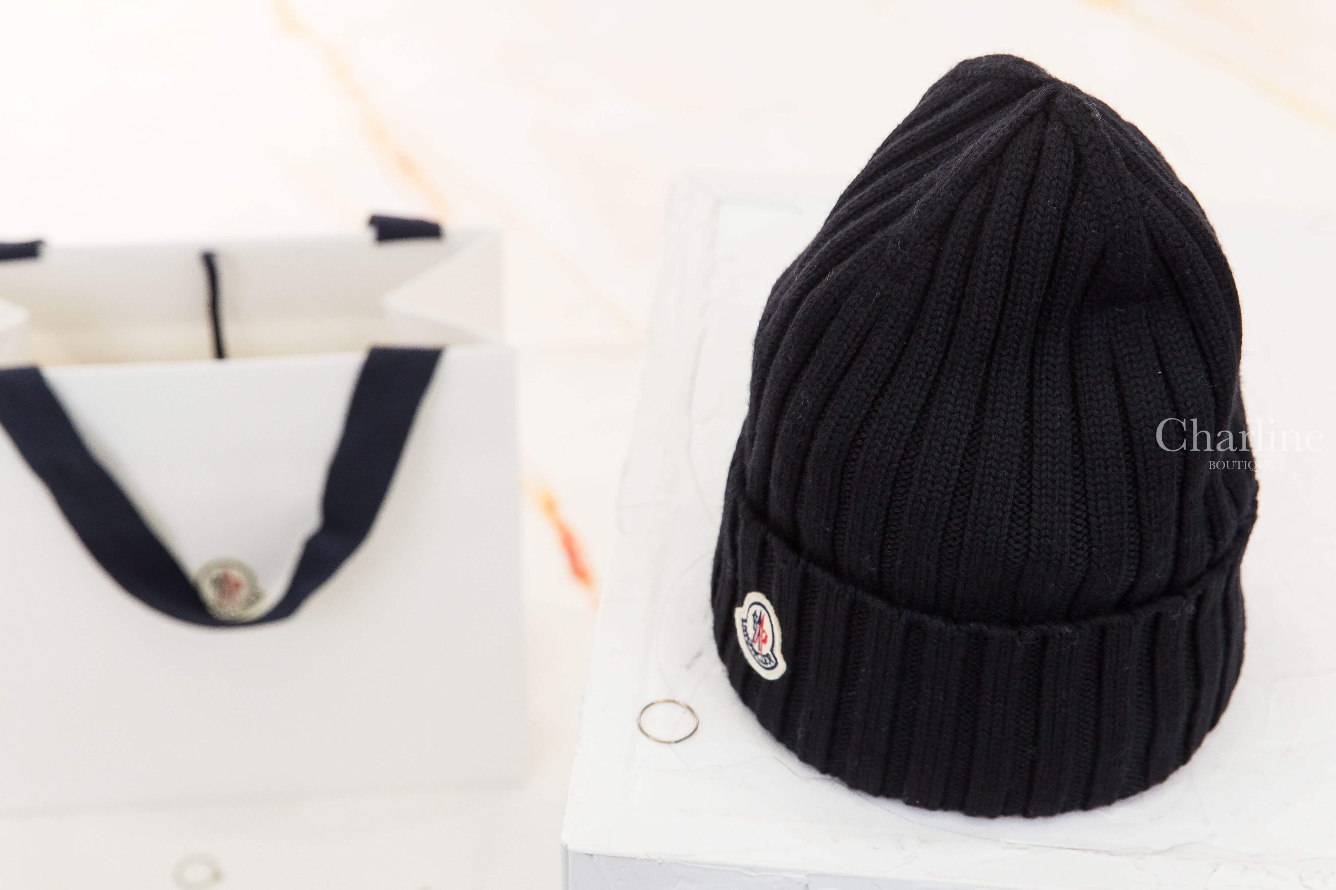 Moncler Wool Beanie 黑色刺繡Logo羊毛針織毛帽-Charline Boutique 精品代購