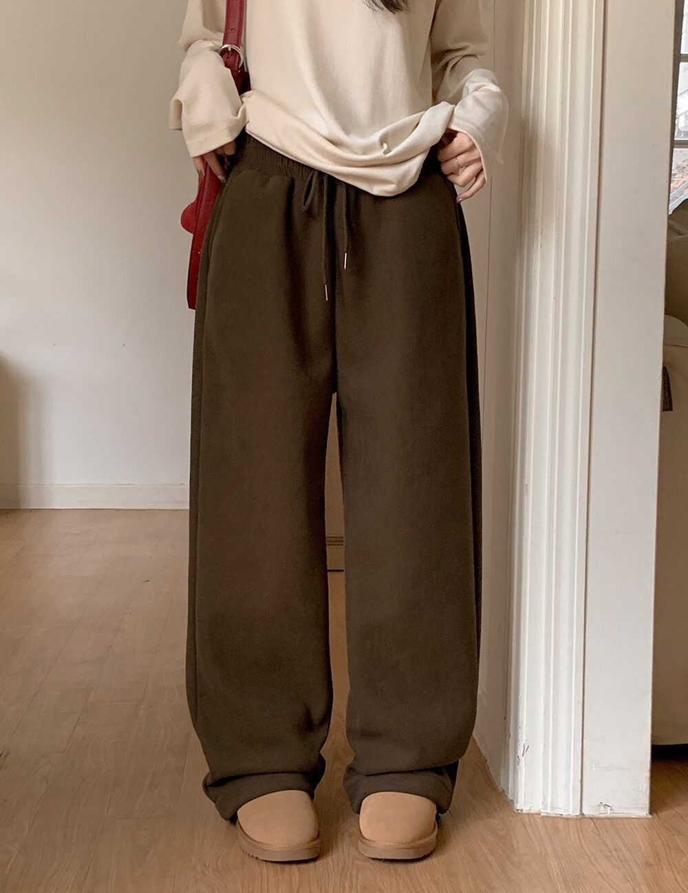 韓國grace muse授權 溫暖奶咖冬季內刷毛抽繩鬆緊褲