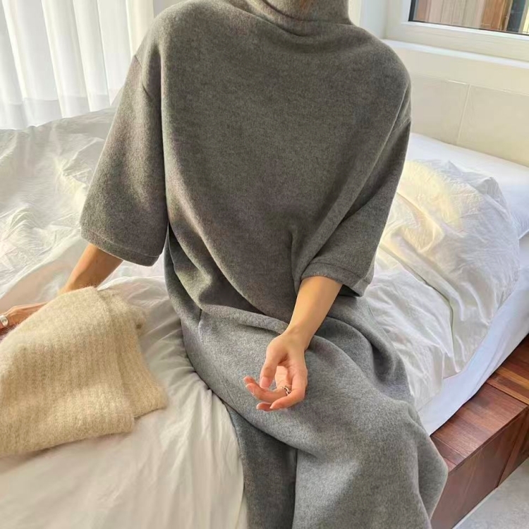 韓國 羊絨感過袖連身長洋裝 微高領 淺灰