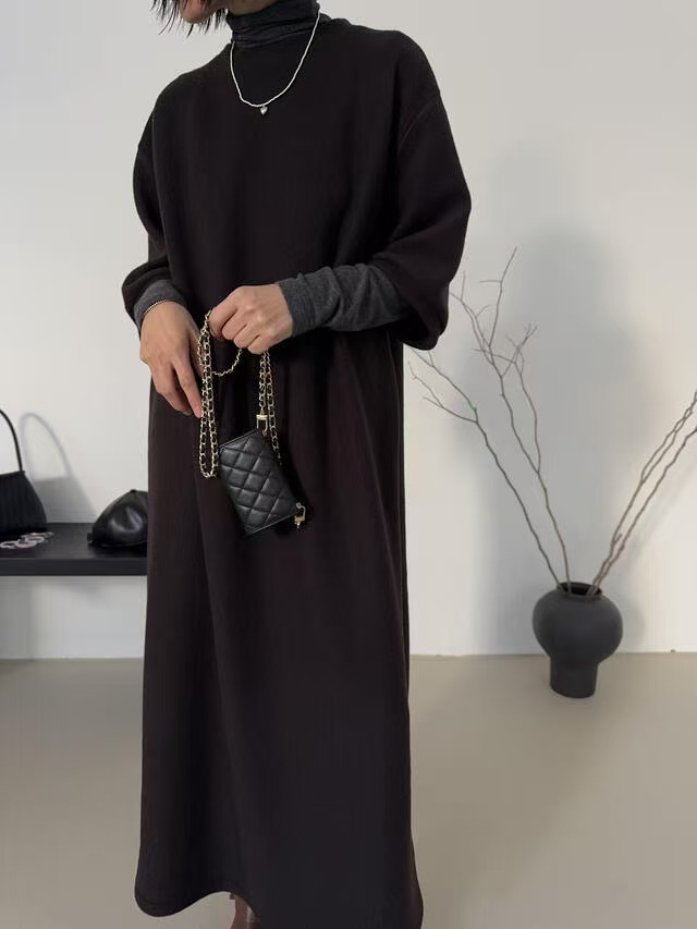 韓國 羊絨感過袖連身長洋裝 碳灰