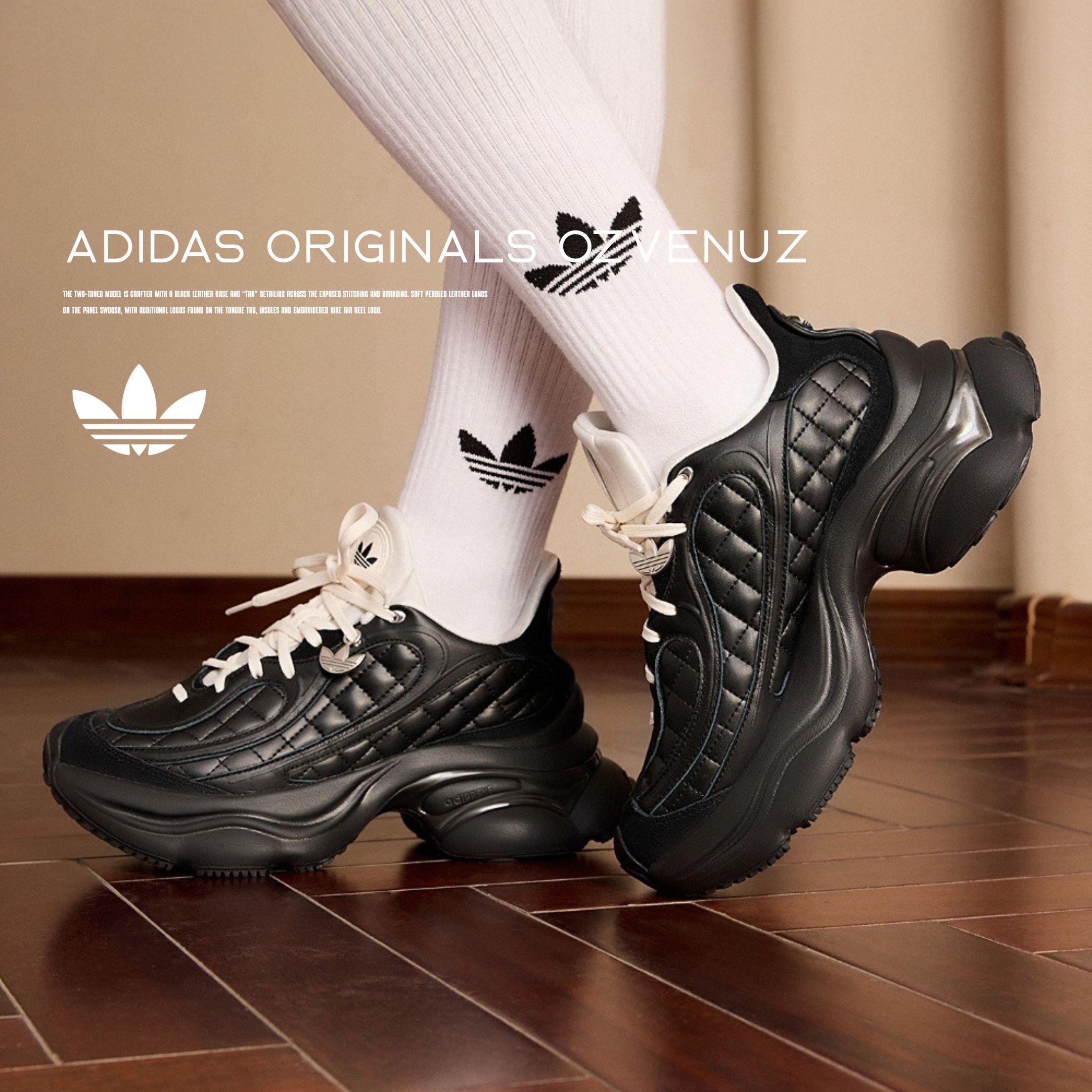 NICEDAY 現貨 Adidas Originals Ozvenuz 黑 菱格 小香風 增高 厚底 皮革 蝴蝶鞋 KJ3972