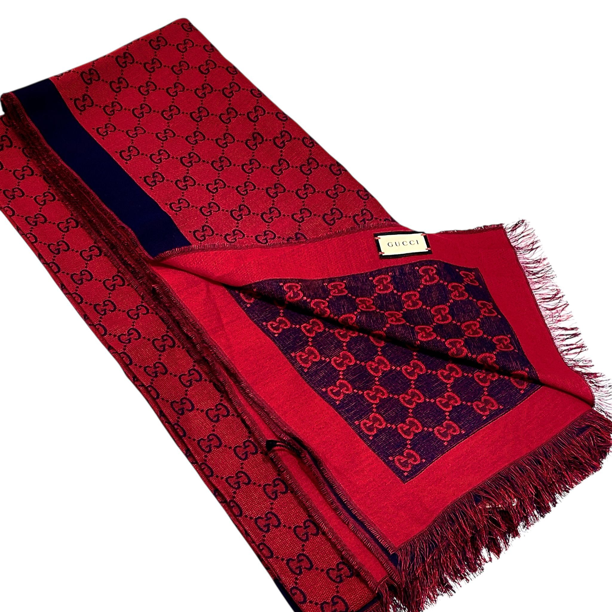 全新GUCCI SCARF, 649557 80X220CM , Jacquard Cotton Stole, 古奇圍巾,紅拼藍羊絨, #BRAND NEW #香榭站正品