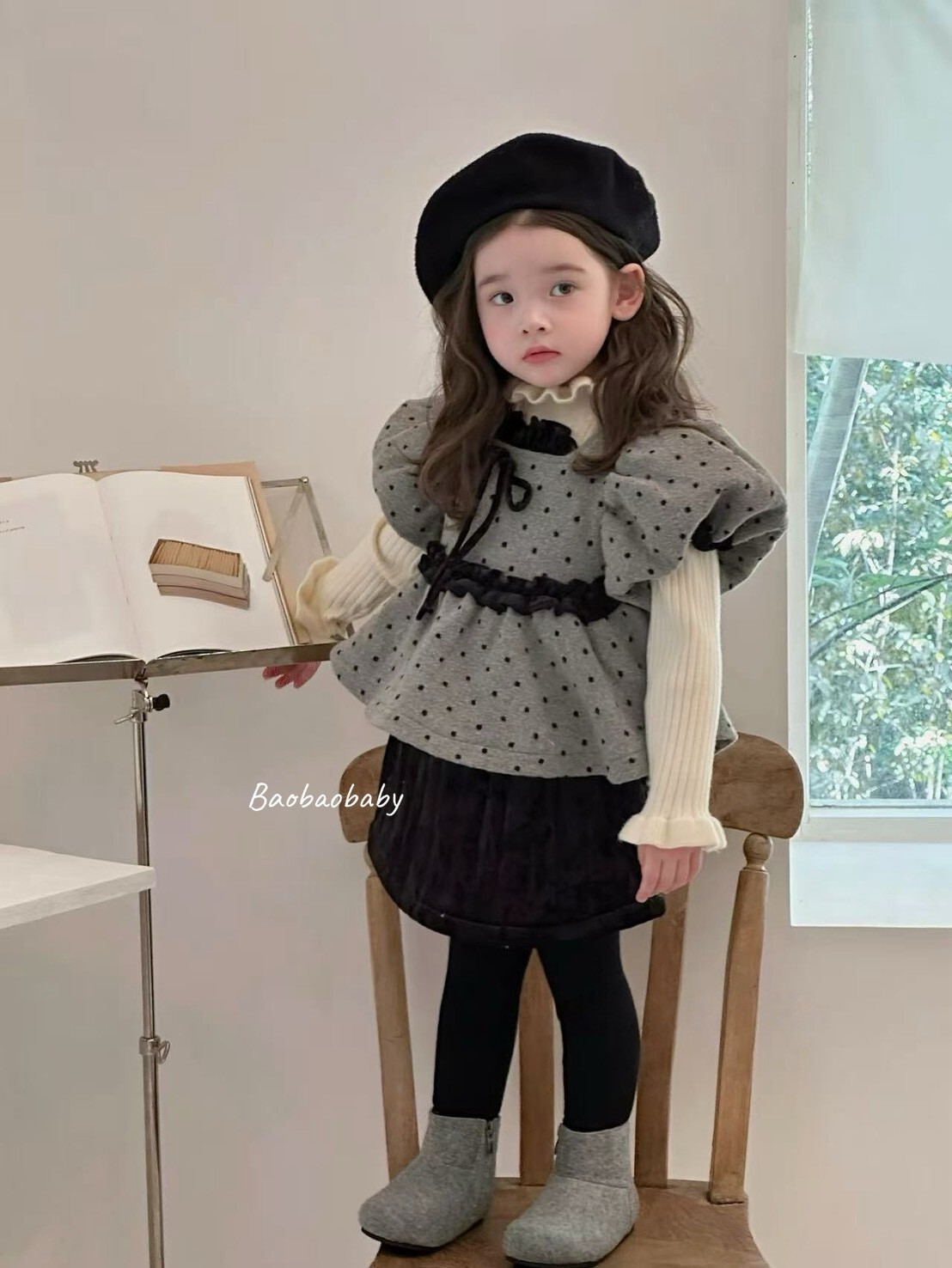 韓系點點蝴蝶結澎澎袖套裝