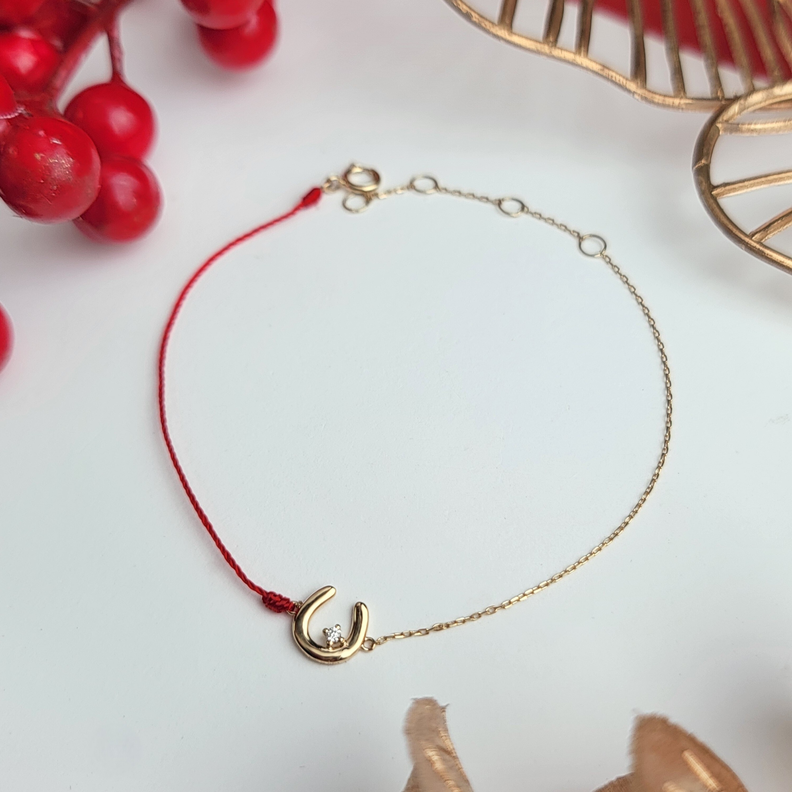 【me.luxe】K18馬蹄1.5分紅繩小豆手鍊