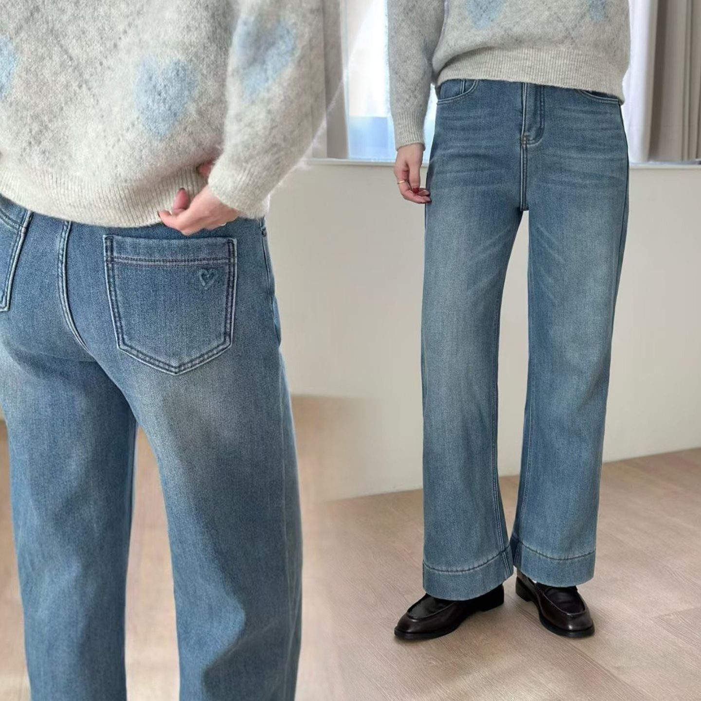 後口袋愛心刺繡內刷毛直筒牛仔褲-S-L / 2色