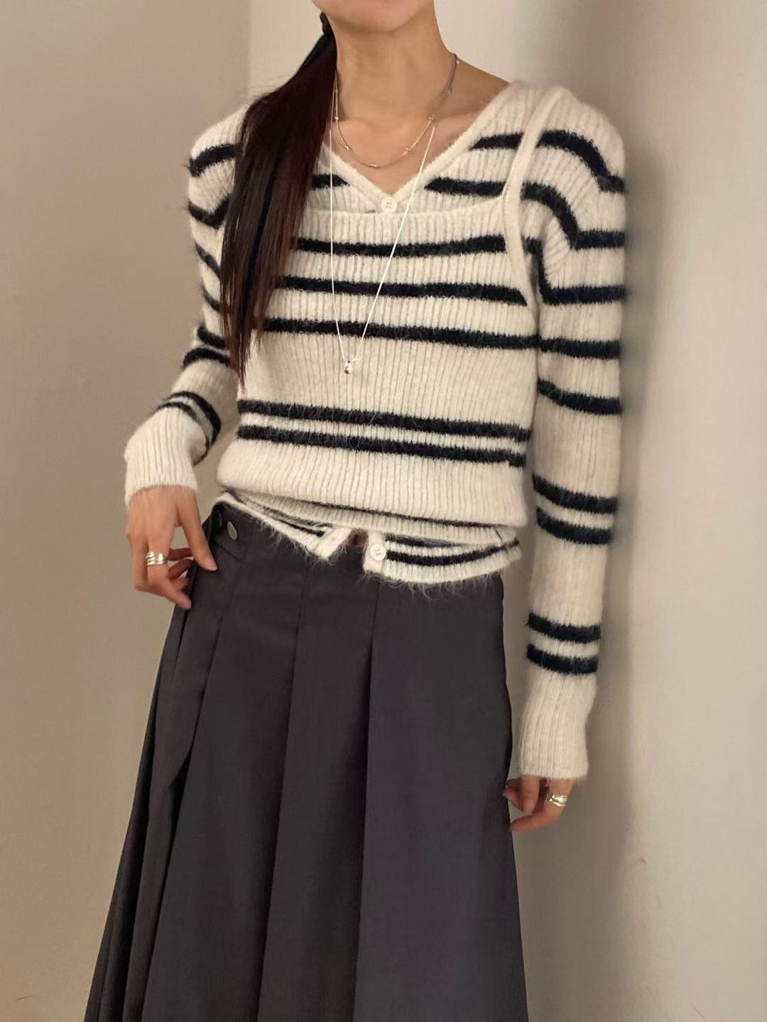 配色橫條紋線條排釦罩衫+針織背心SET / 3色