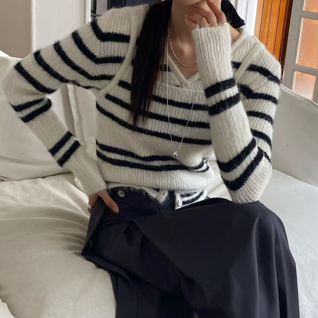 配色橫條紋線條排釦罩衫+針織背心SET / 3色