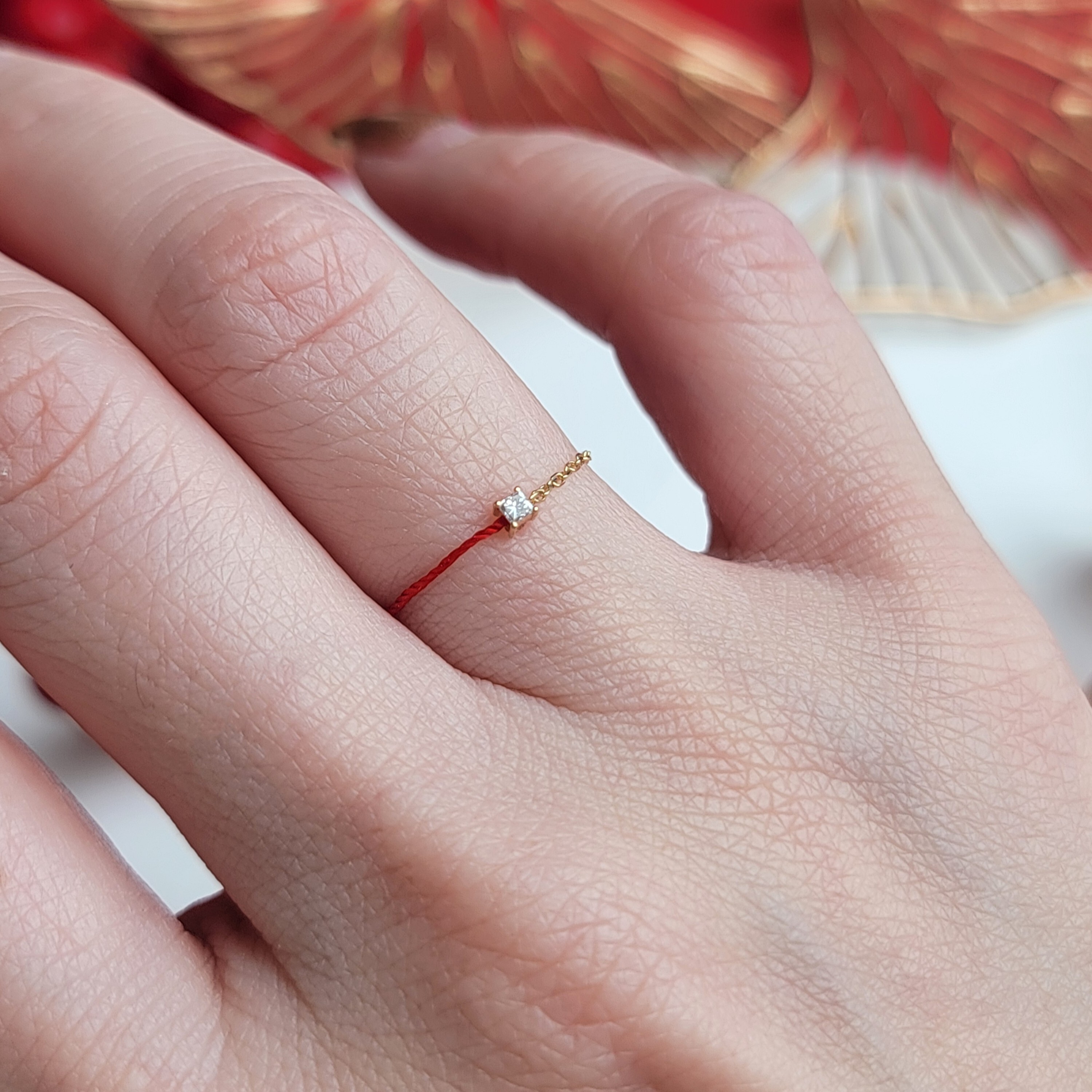 【me.luxe】K18方鑽3分紅繩小豆鍊戒