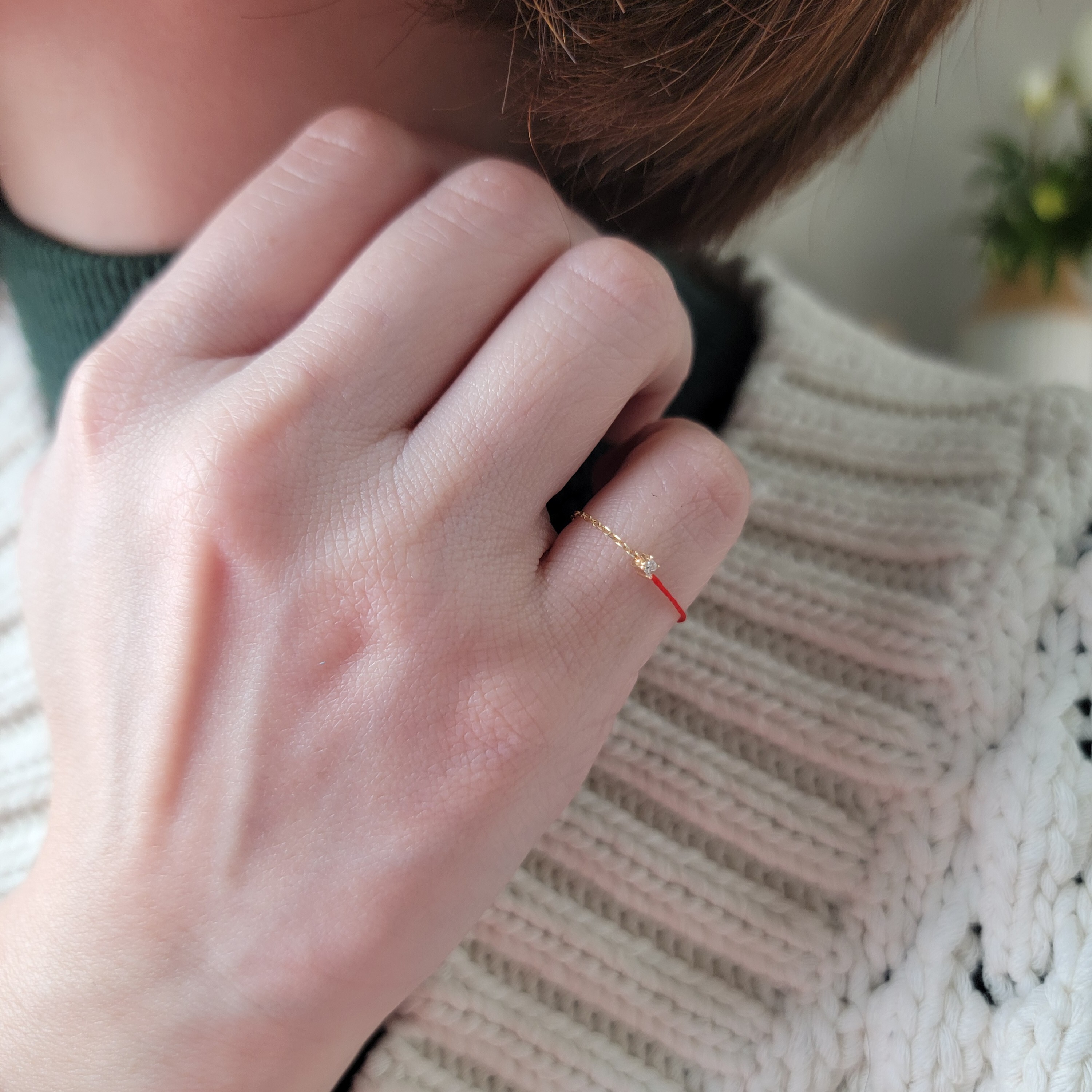 【me.luxe】K18方鑽3分紅繩小豆鍊戒