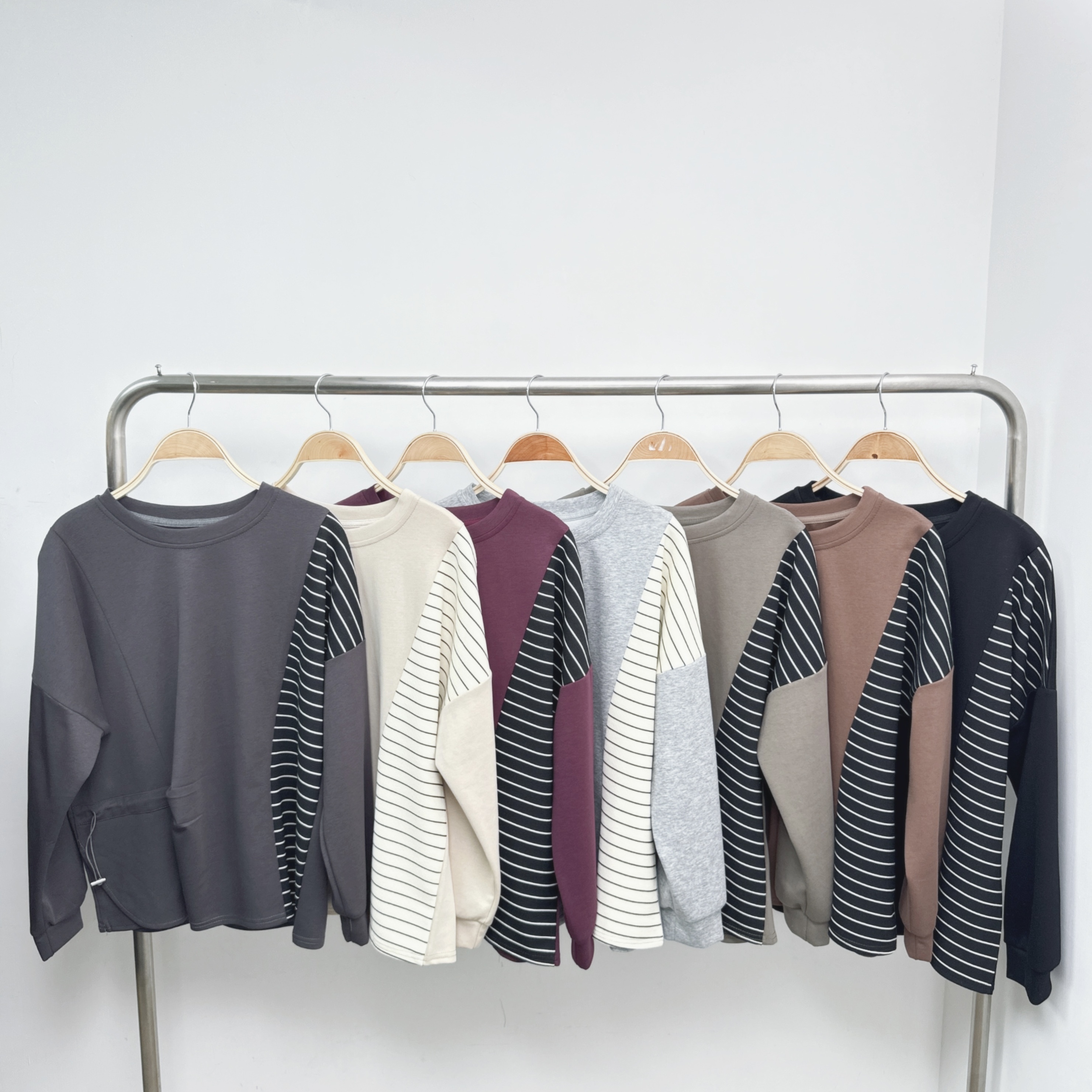 斜橫間拼布車摺索繩小蝙蝠袖滑棉TOP (A77-A83)