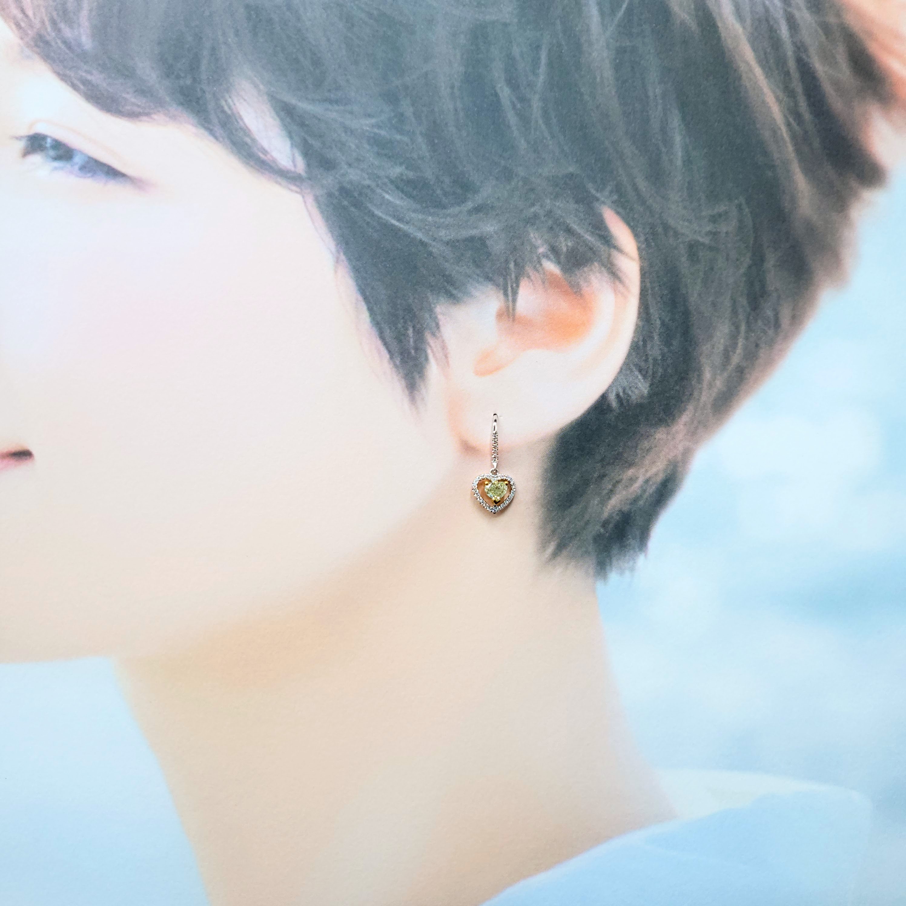 全新18K金【主石66份心形彩黃鑽石】配小鑽共81份鑽石吊耳環