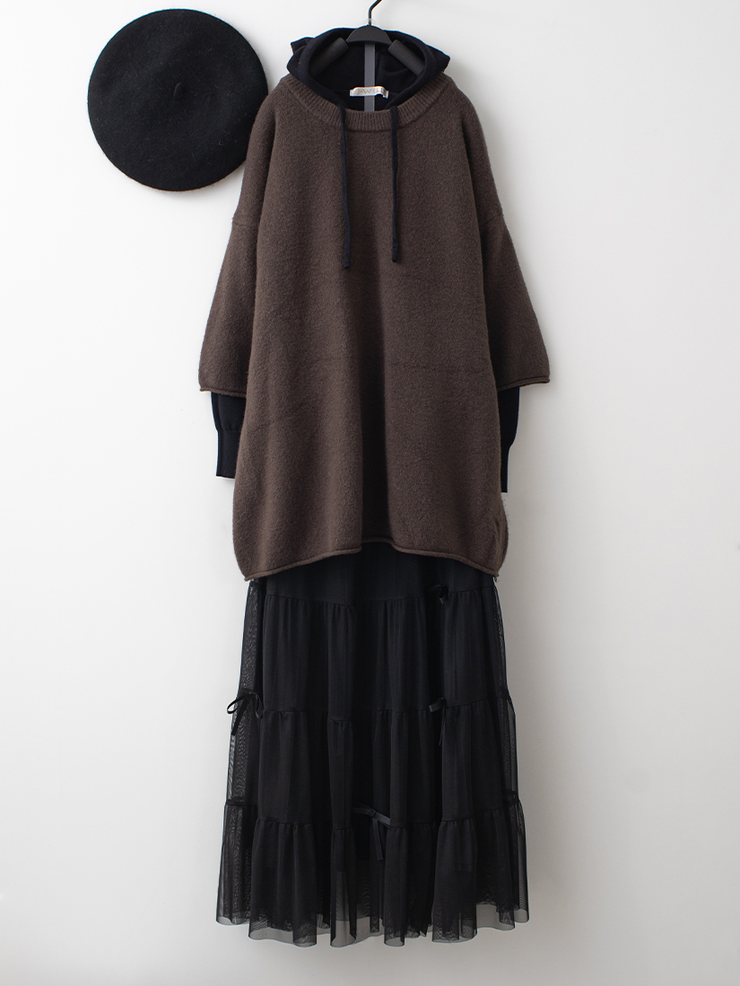 捲邊針織毛衣連帽針織上衣緞帶蛋糕紗裙組合