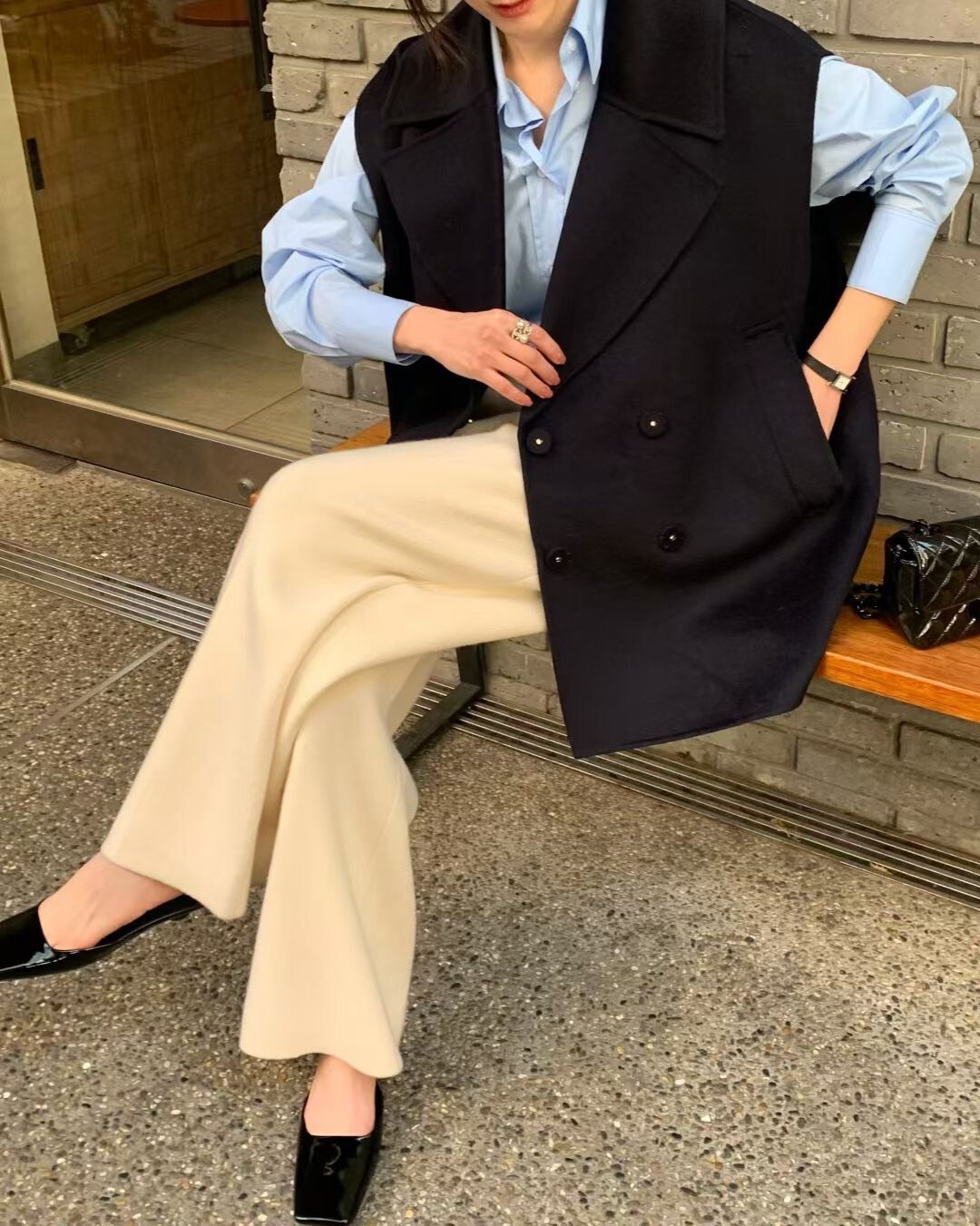 大領片雙排釦造型寬肩背心外套-F / 2色