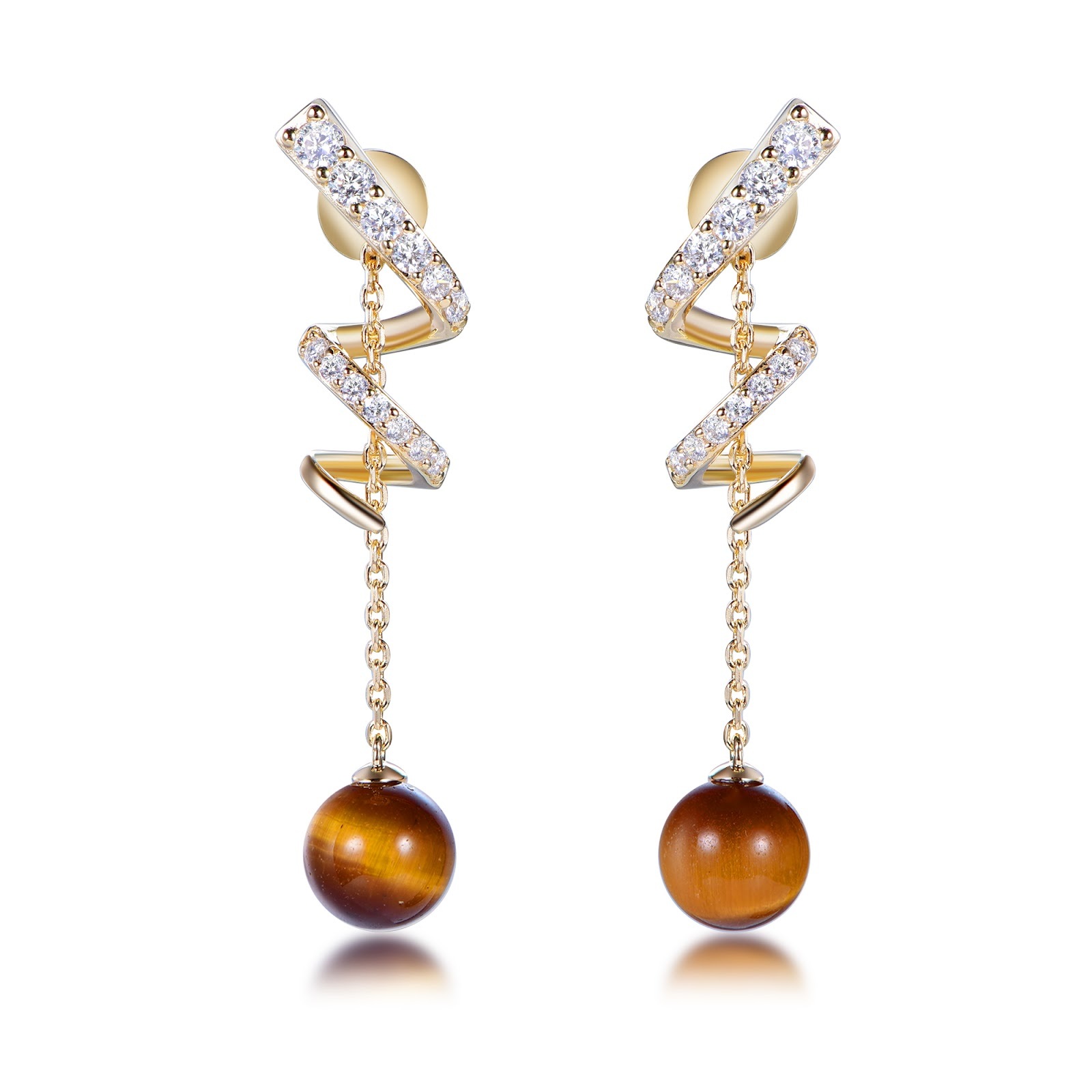 TG017 A3 E4071T 8mm Tiger Eye Earrings（鋯石）