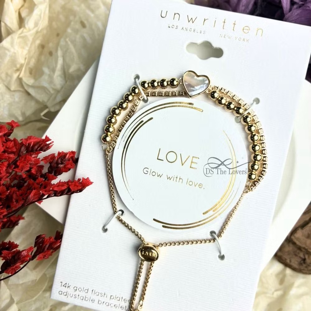 美國 Unwritten｜愛意輝映・天然白母貝 14K金愛心雙層手鍊 (Glow with Love)