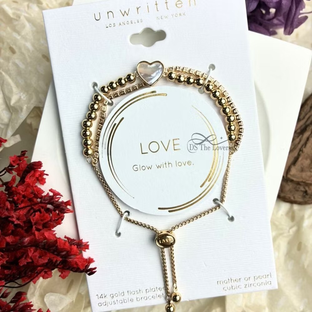 美國 Unwritten｜愛意輝映・天然白母貝 14K金愛心雙層手鍊 (Glow with Love)