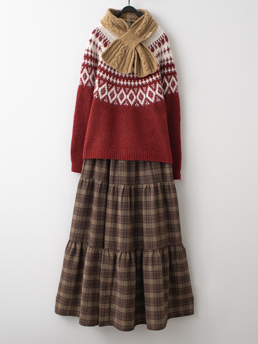 鬆軟毛織紋毛衣格紋法蘭絨蛋糕長裙組合