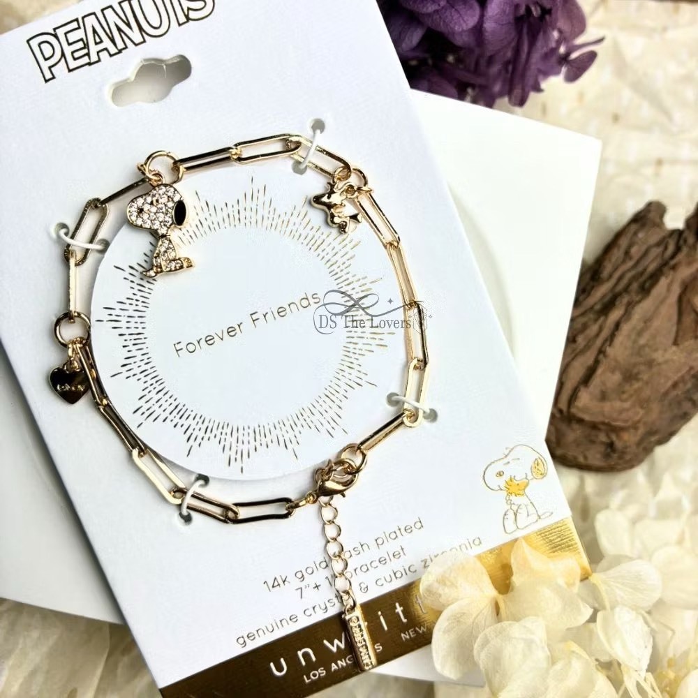 美國 Unwritten｜璀璨金夢・史努比與糊塗塌客 14K金鑲鑽手鍊 (Forever Friends)