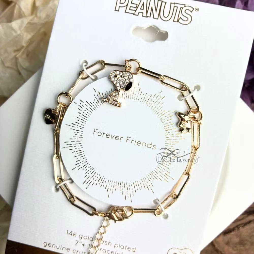 美國 Unwritten｜璀璨金夢・史努比與糊塗塌客 14K金鑲鑽手鍊 (Forever Friends)
