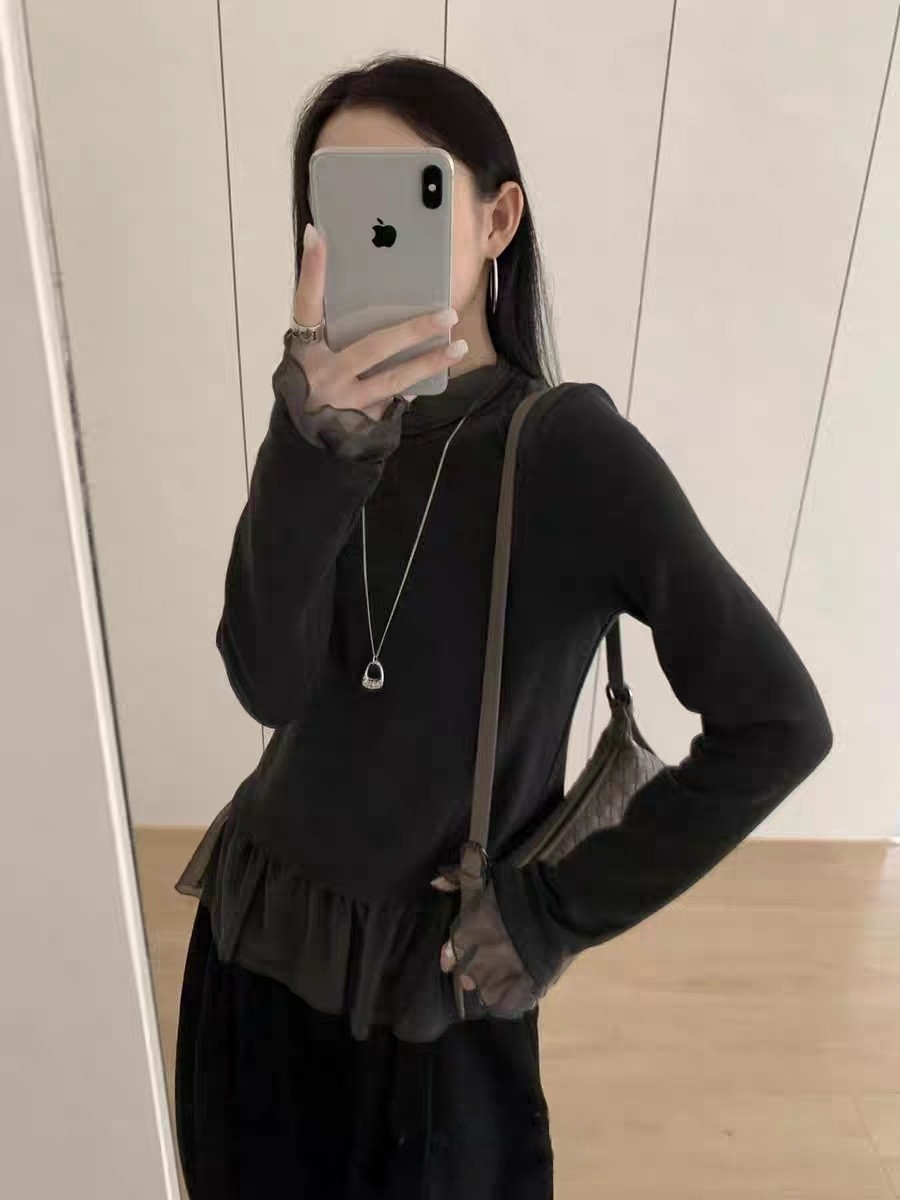 雙面羊絨拼接網紗上衣 RCR3389