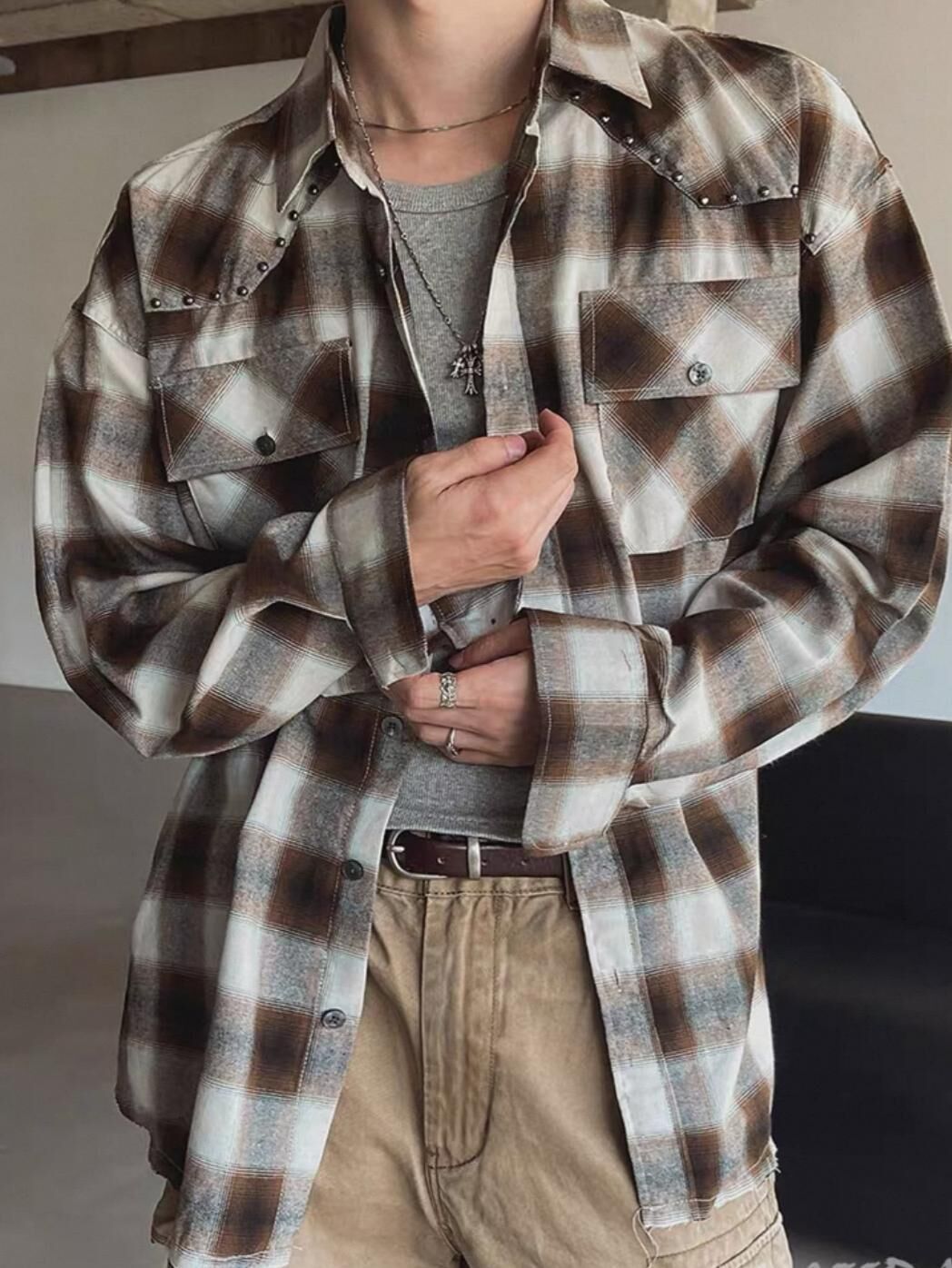 格仔長袖恤衫 GATHER-049S