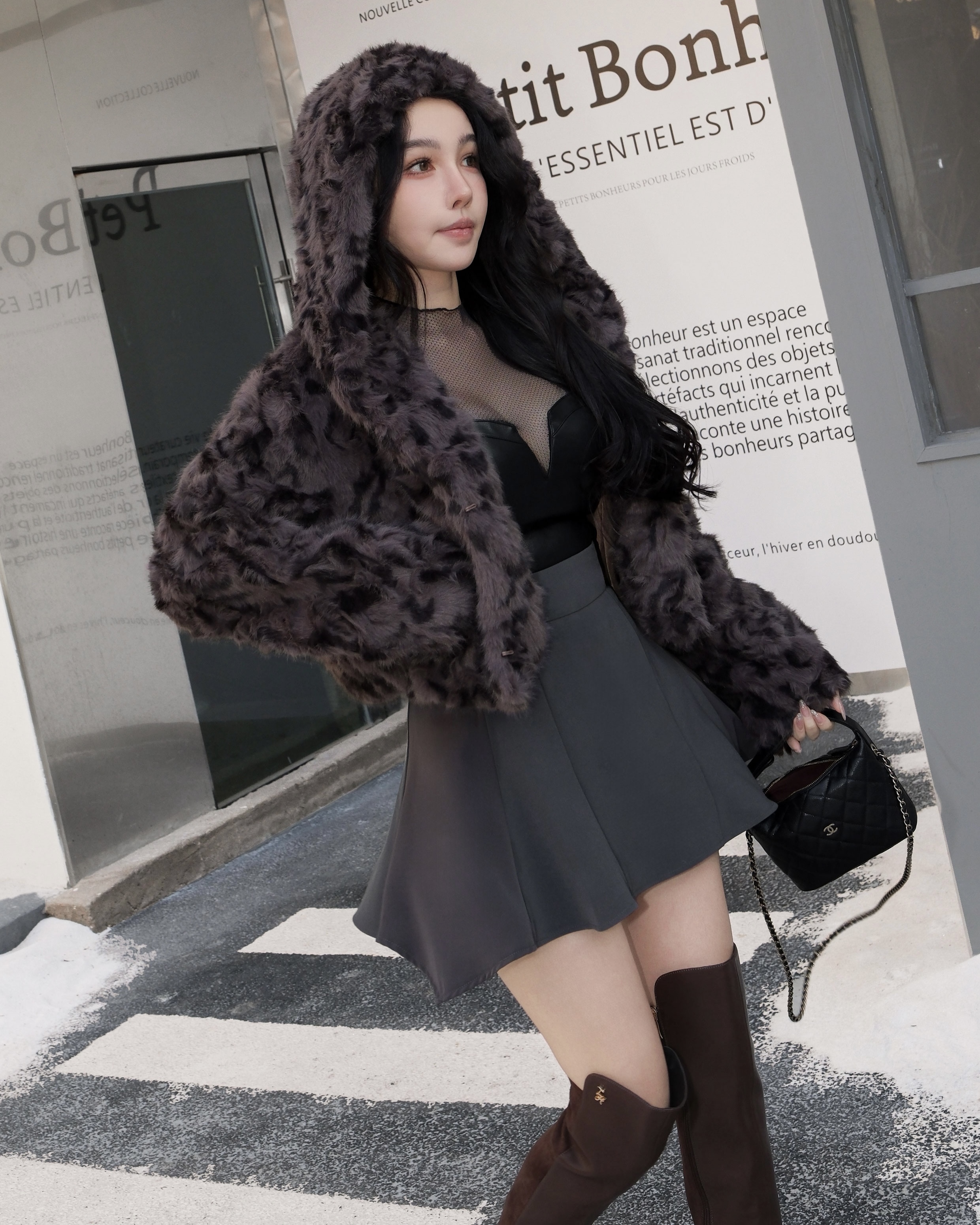 訂製-仿兔絨豹紋連帽外套