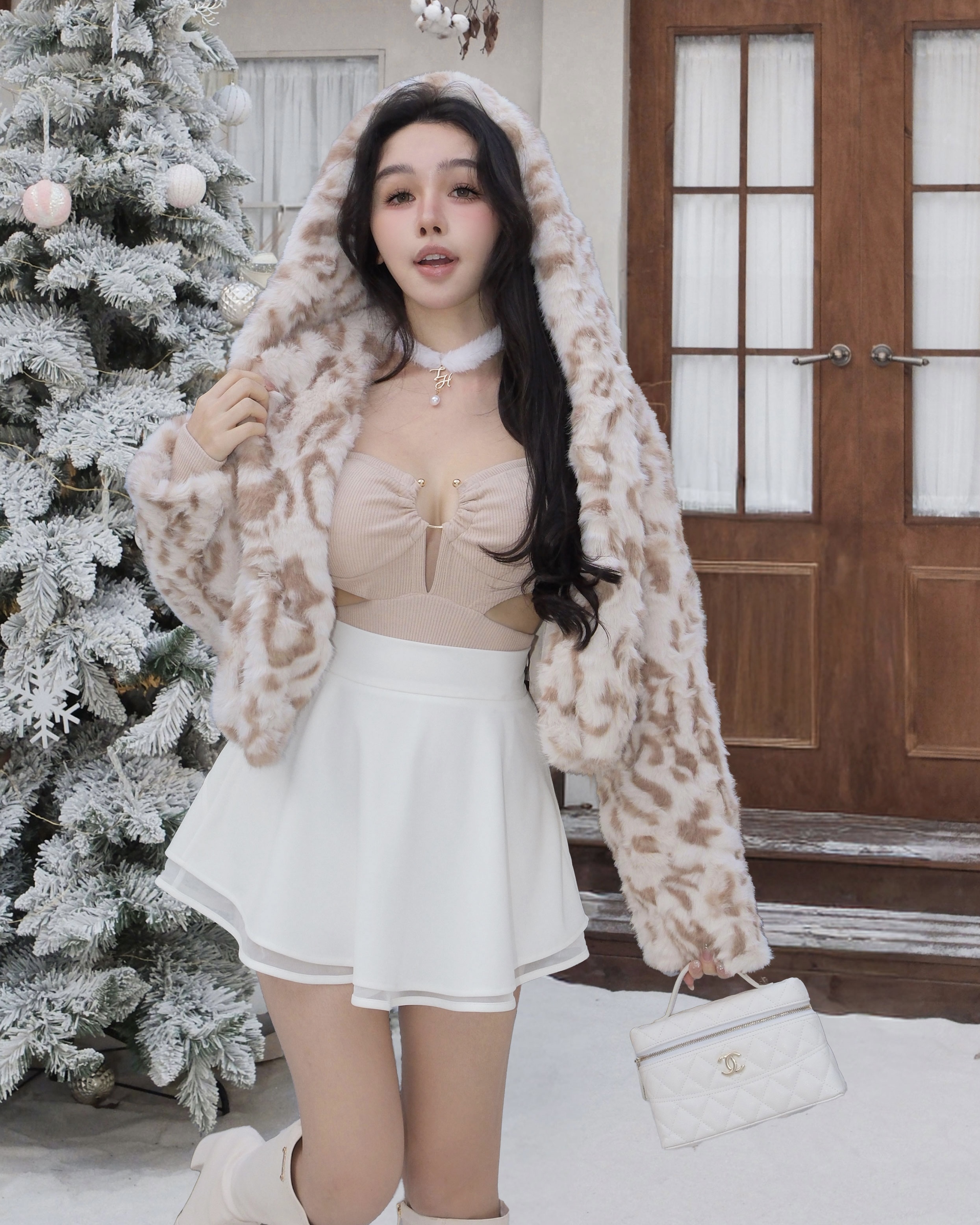 訂製-仿兔絨豹紋連帽外套