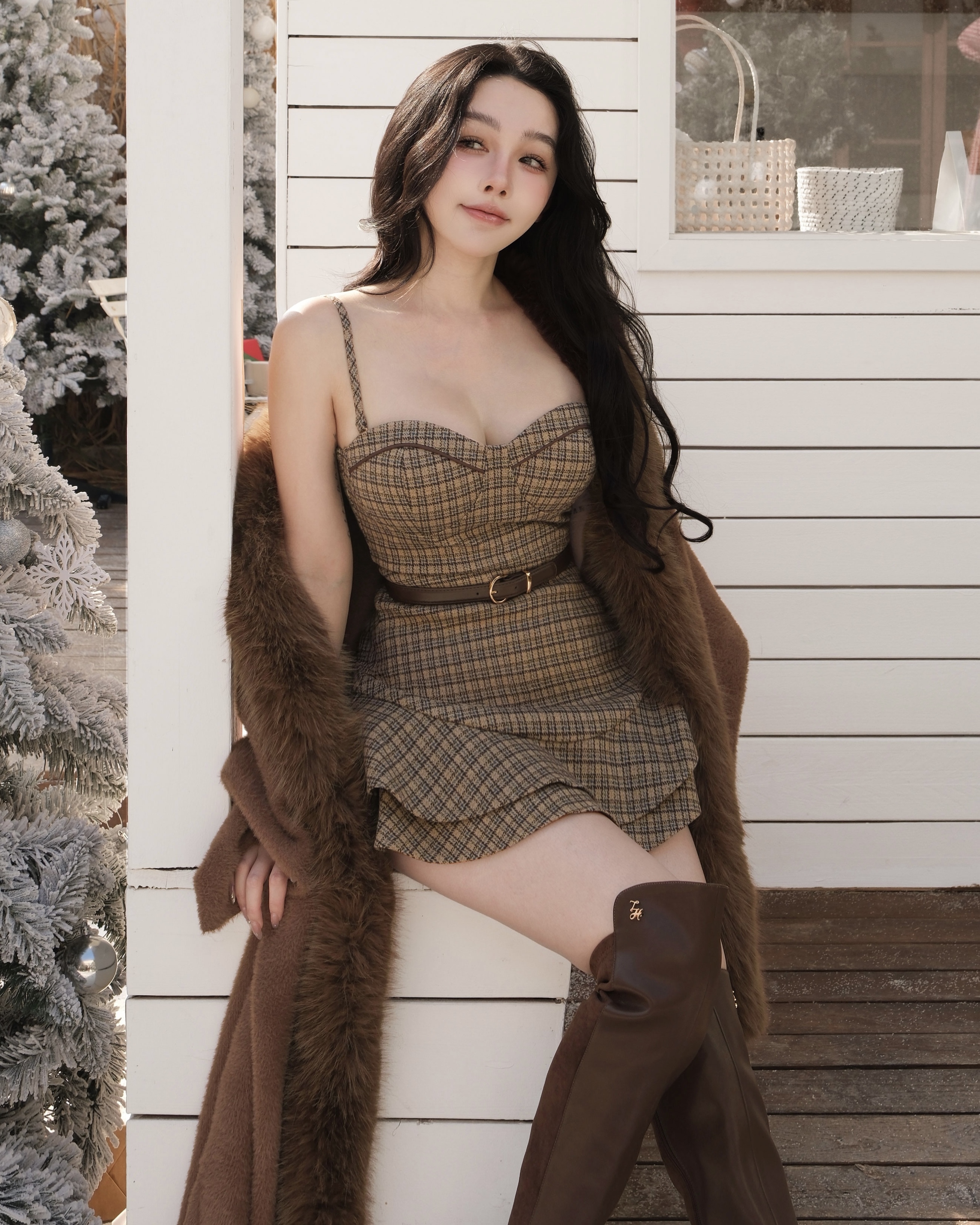 訂製-亮絲格紋桃心荷葉傘洋套裝