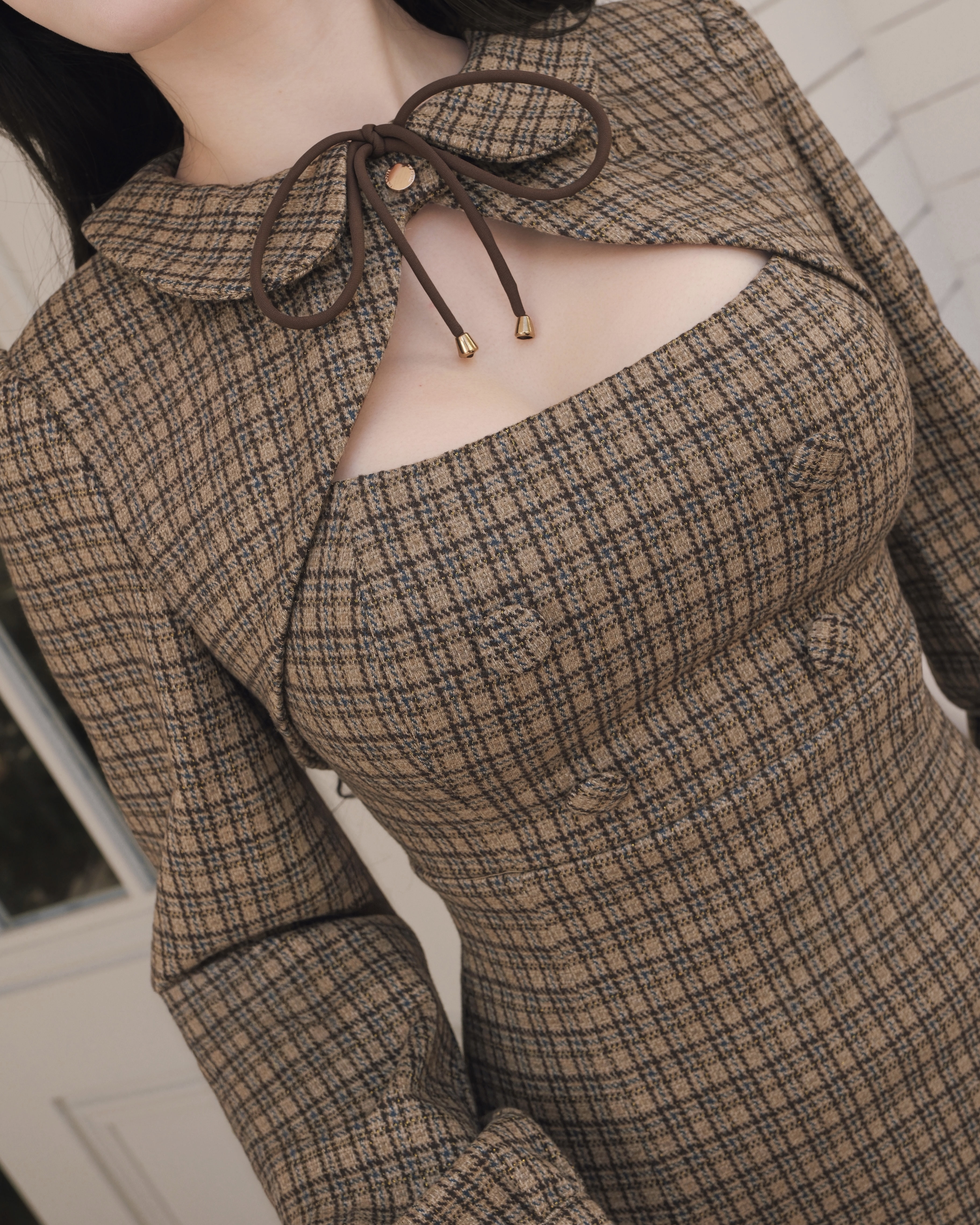 訂製-亮絲格紋娃娃領短外套