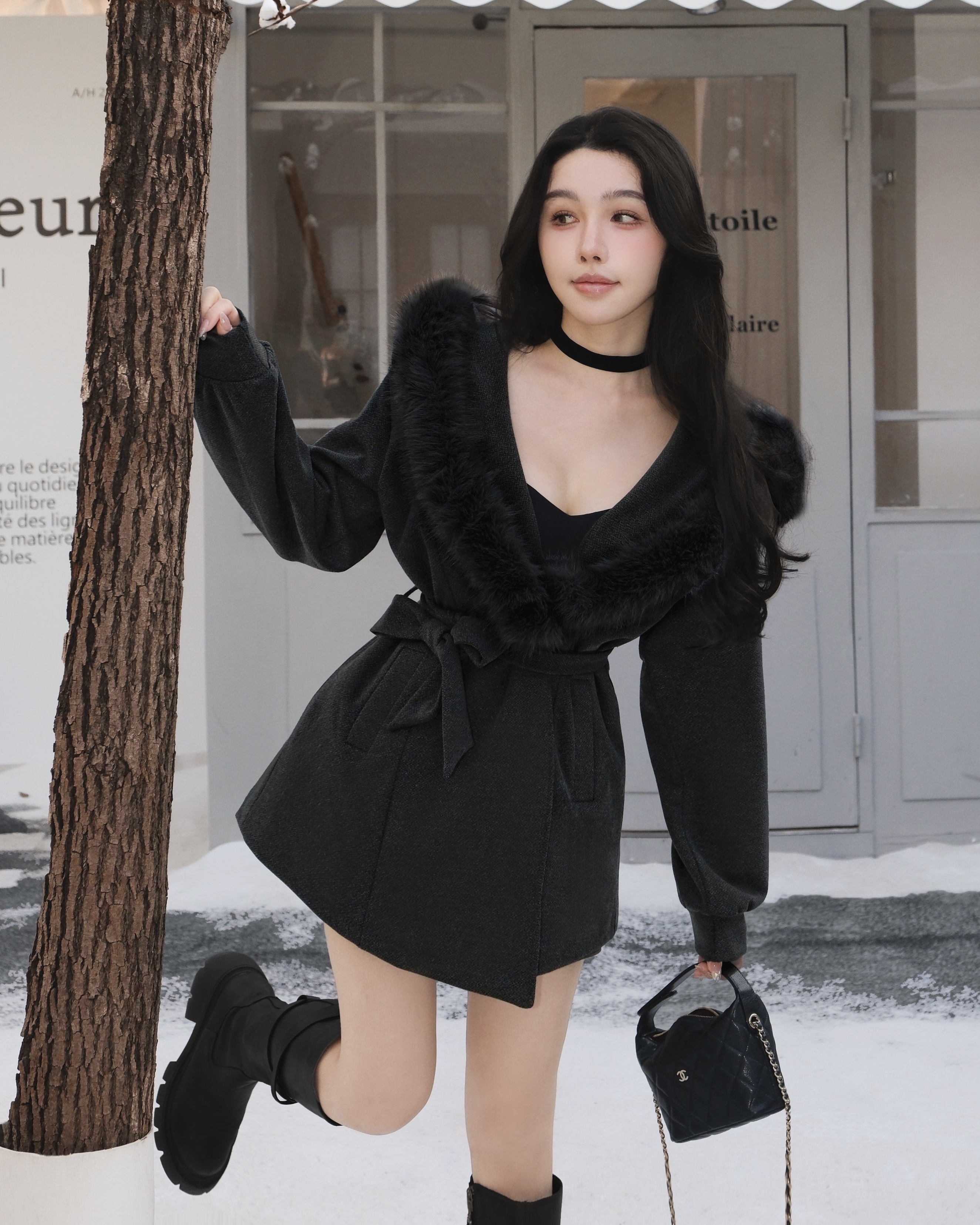 訂製-質感毛毛連帽翻領綁帶外套