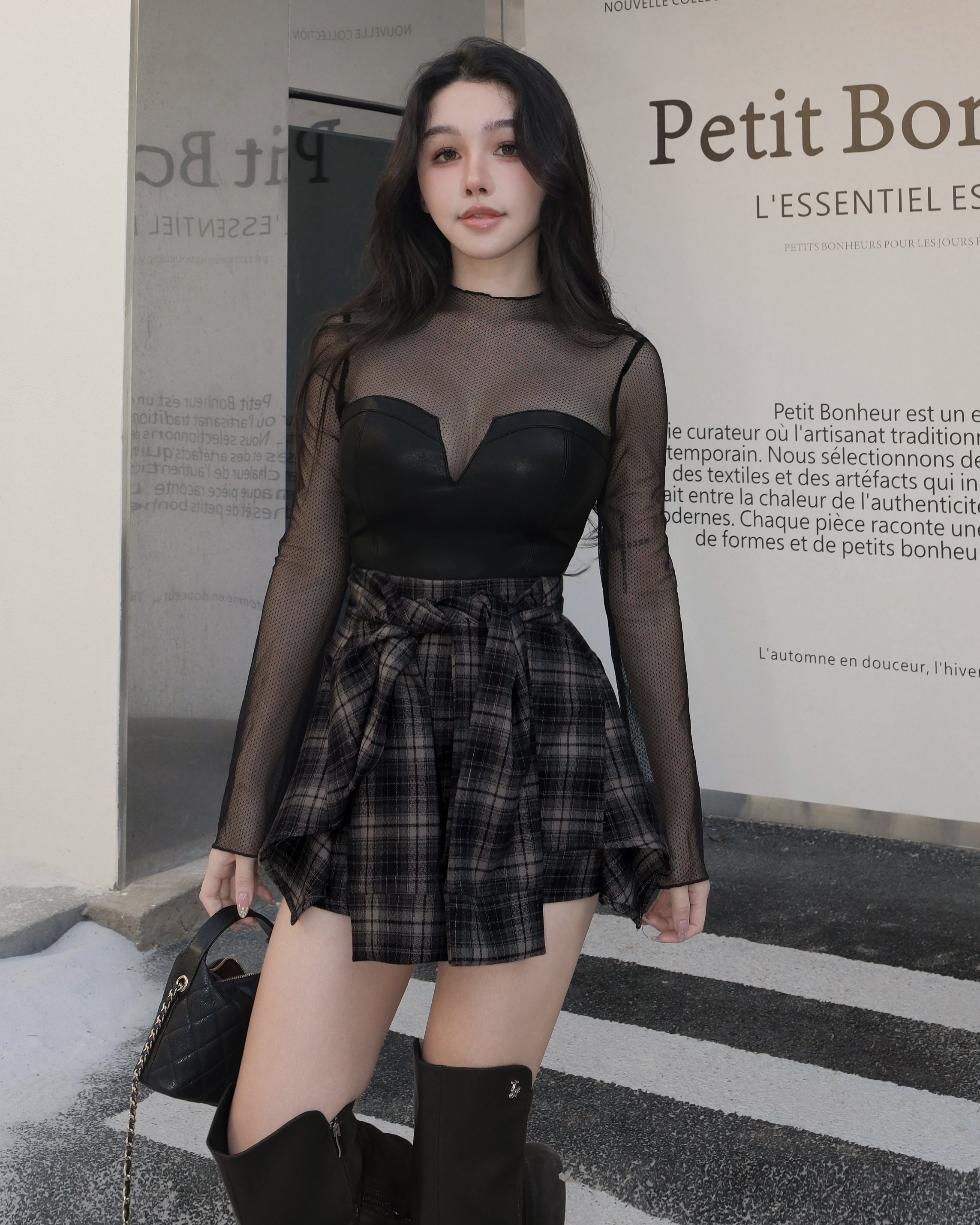 訂製-性感網格紗皮革長袖馬甲上衣