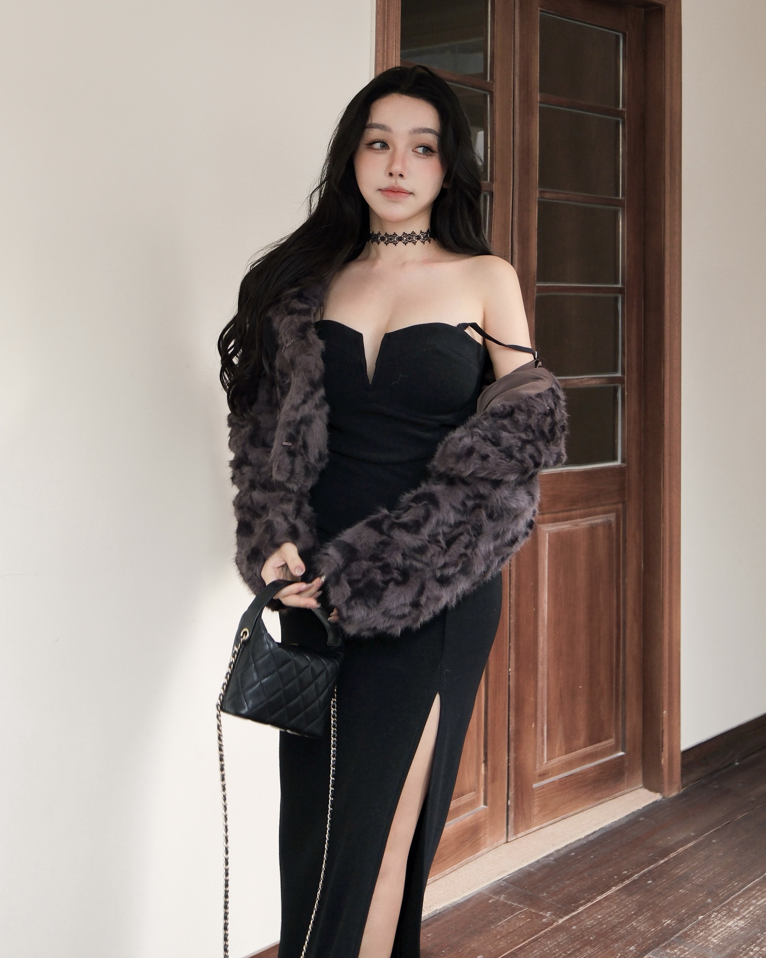 訂製-性感V領魚骨合身開衩長洋