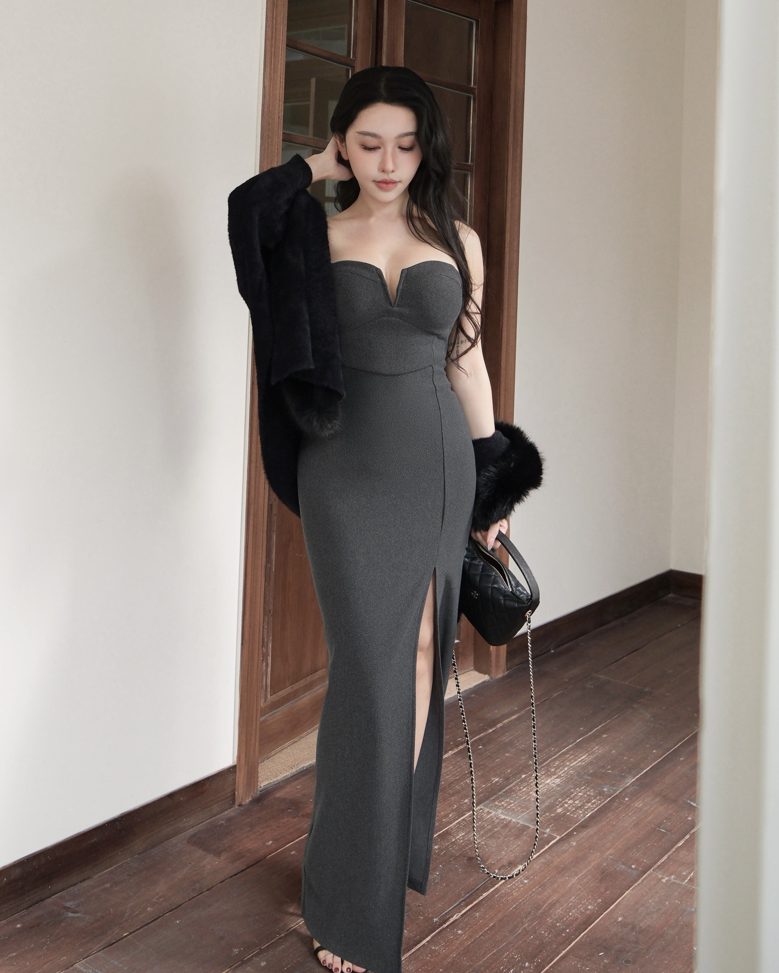 訂製-性感V領魚骨合身開衩長洋