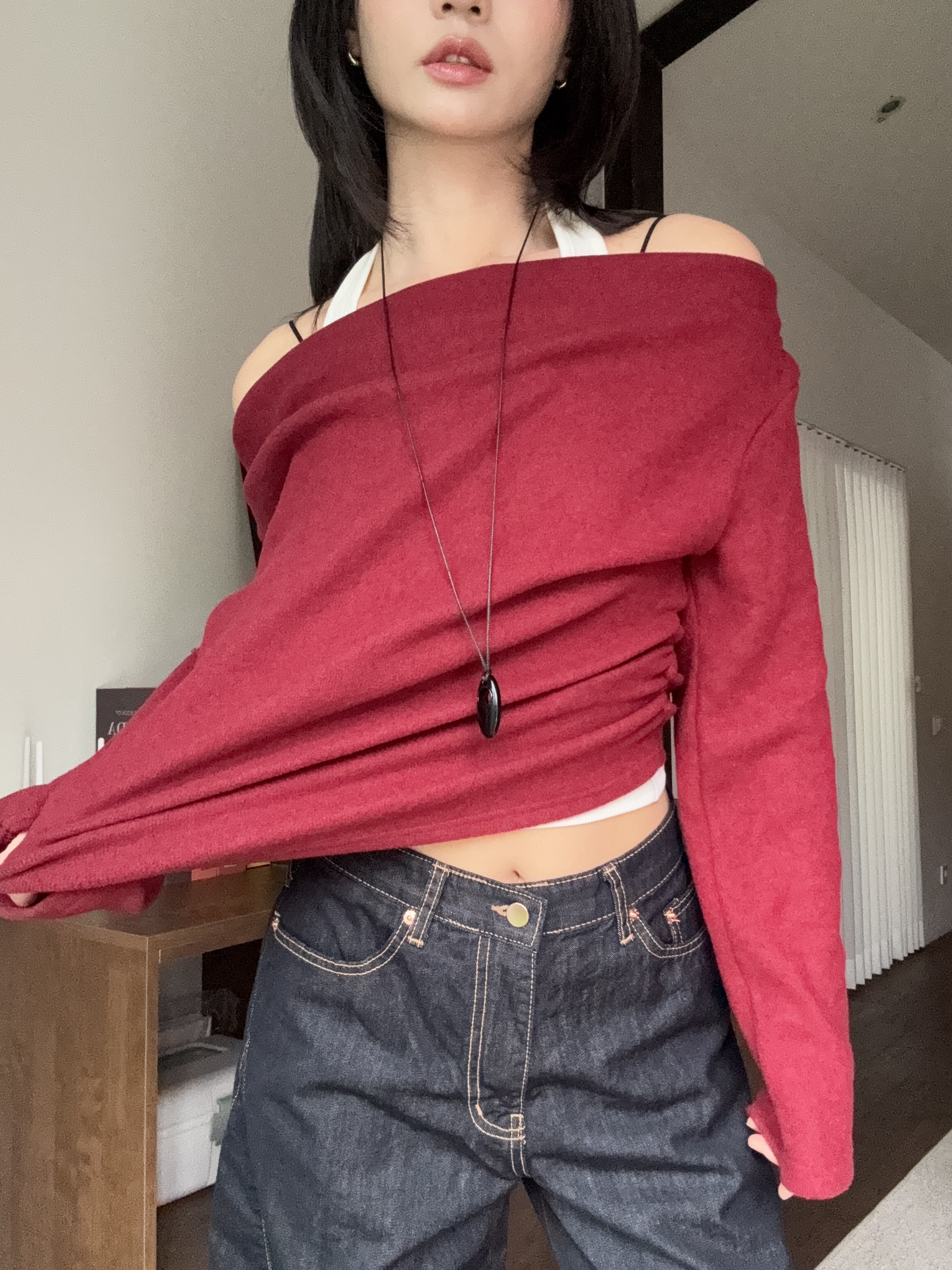 (現貨)絨毛軟綿綿假兩件露膊上衣 T0124(紅/深灰)