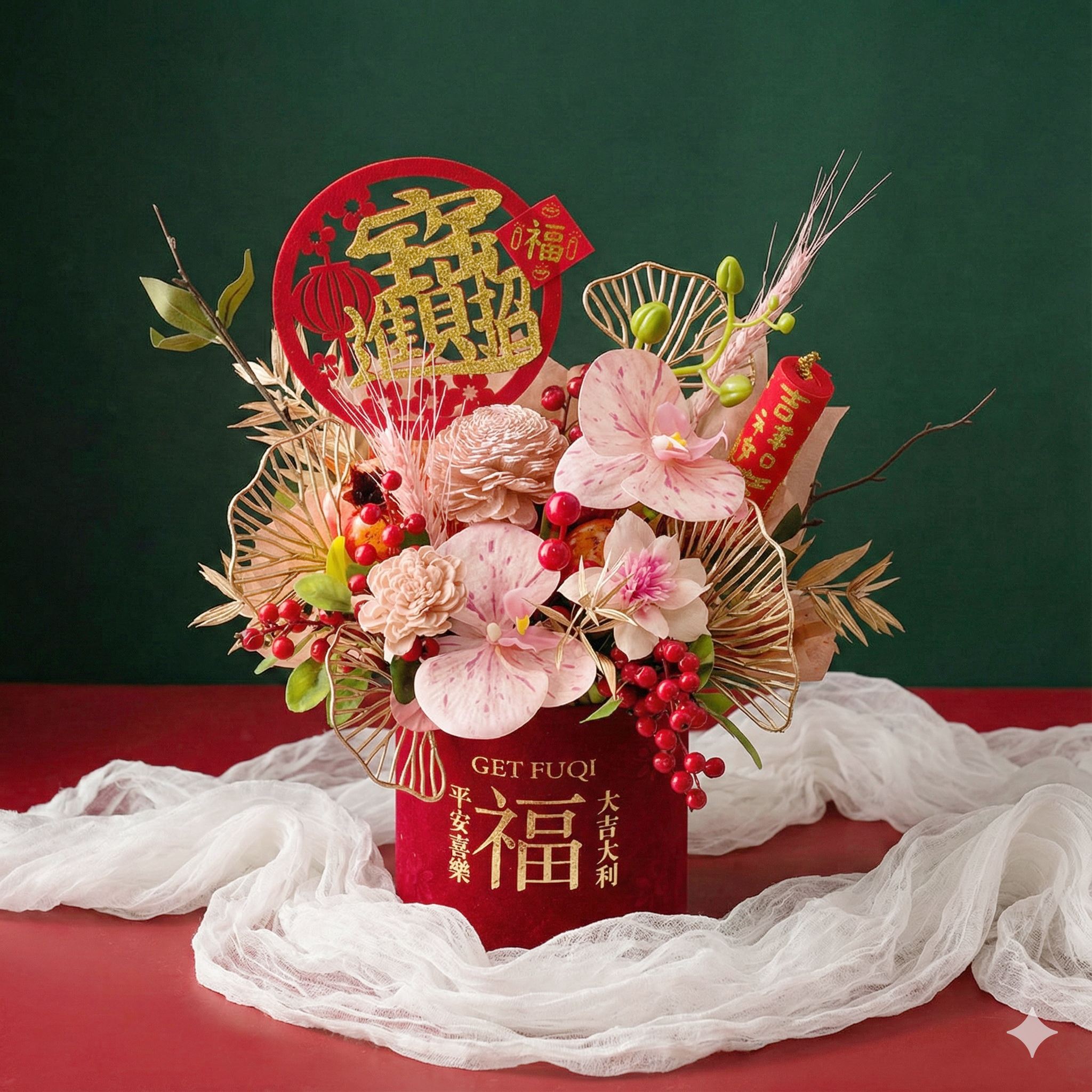 T21｜招財進寶小福桶｜索拉花/高擬真花材｜新年桌花(春節裝飾物款式隨機)