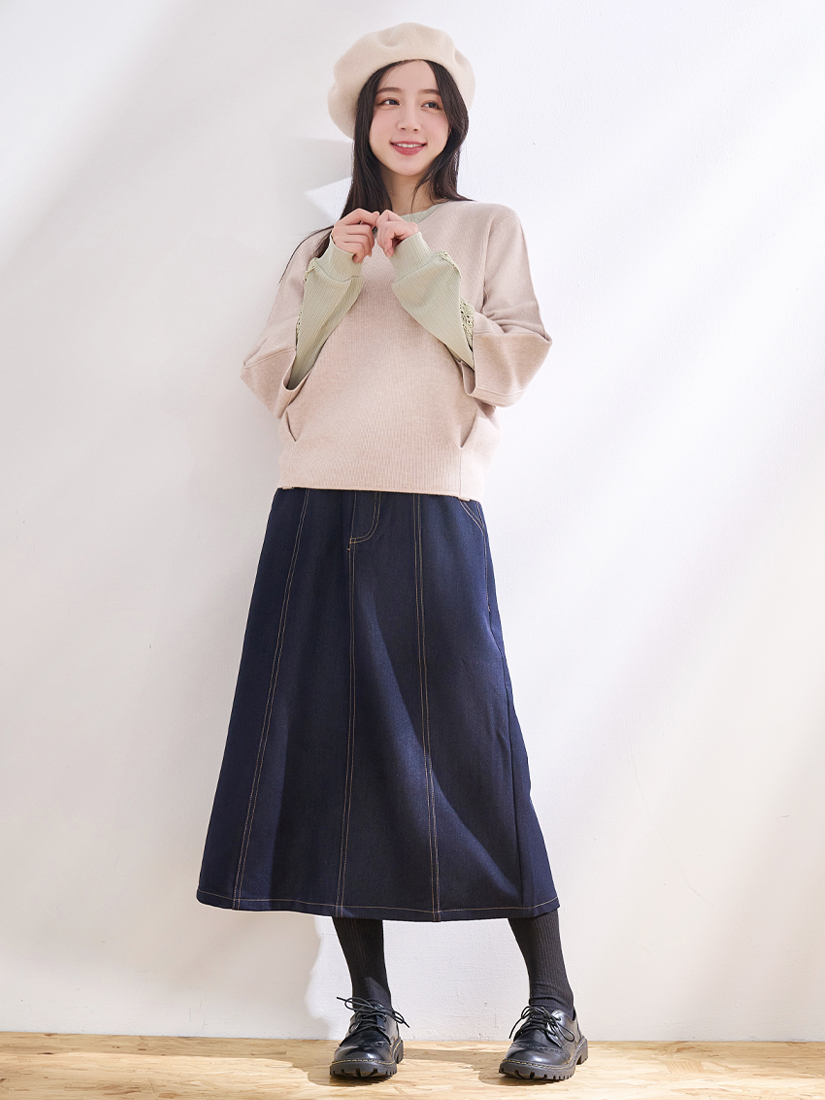 七分袖針織上衣蕾絲上衣雙排釦A字裙組合