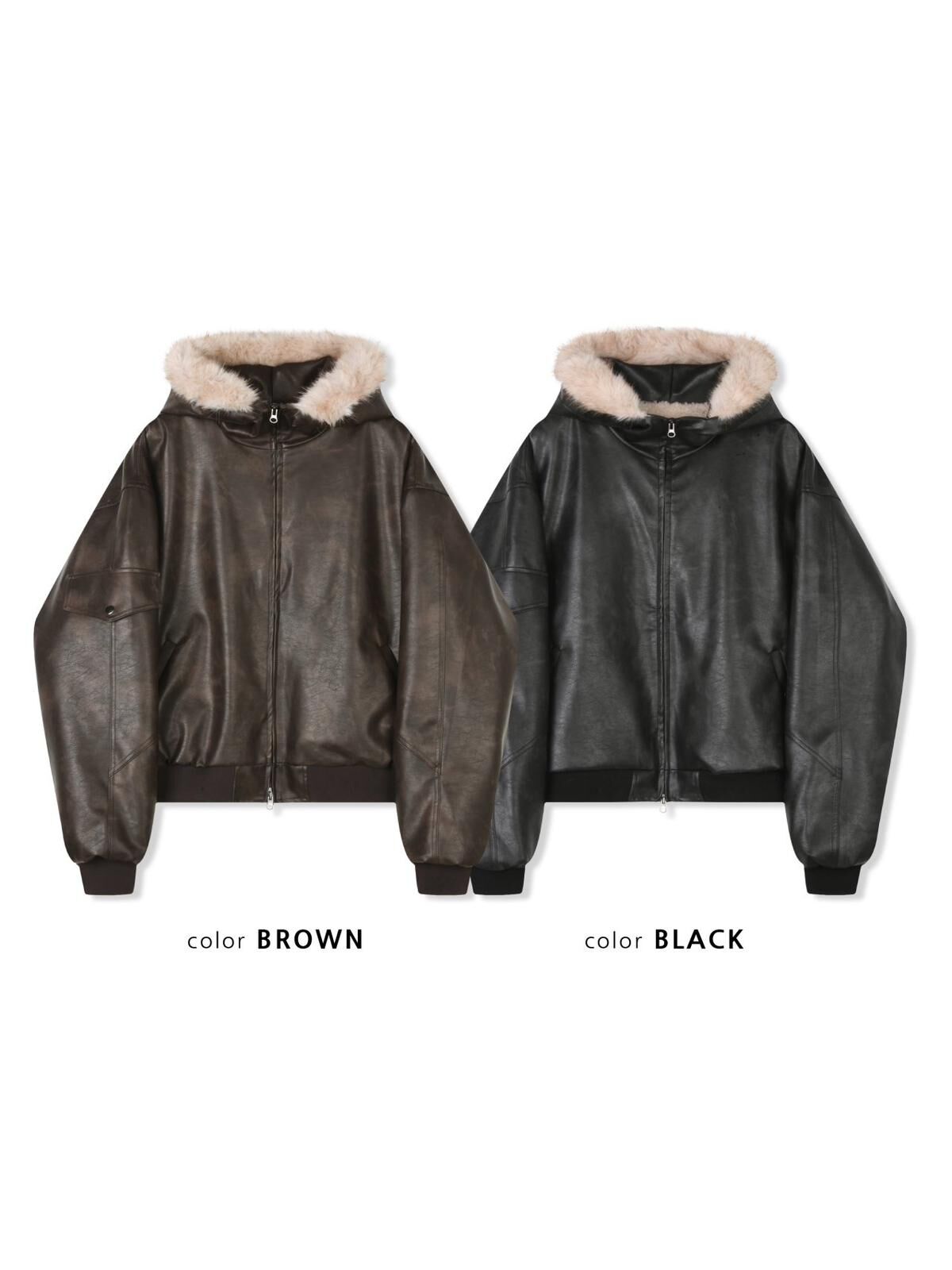 毛毛帽拉鍊合成皮褸 GATHER-052JK