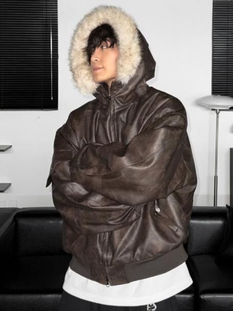 毛毛帽拉鍊合成皮褸 GATHER-052JK