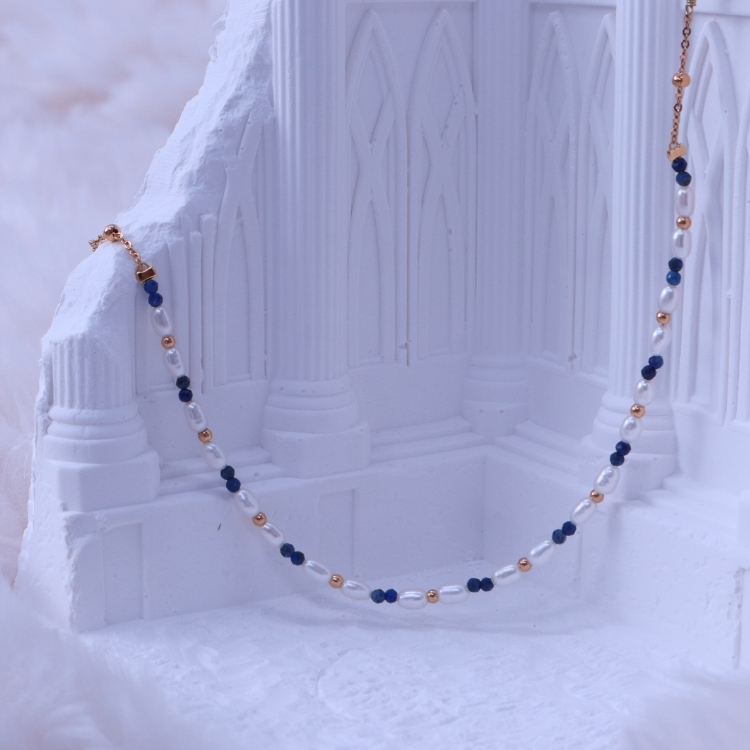 靜夜落海的溫柔 青金石 天然珍珠 長條細珠 項鍊