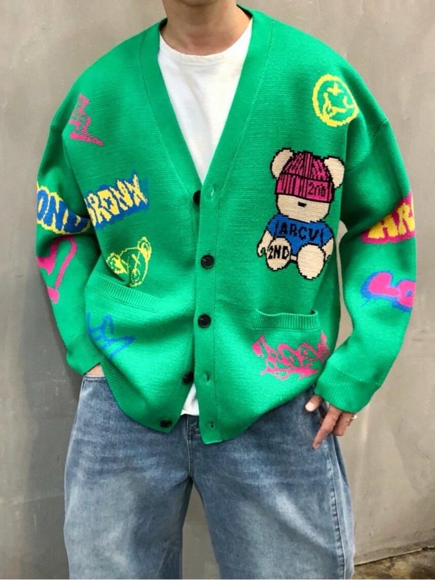 熊仔圖案英文字開胸針織外套 2nd-295JK